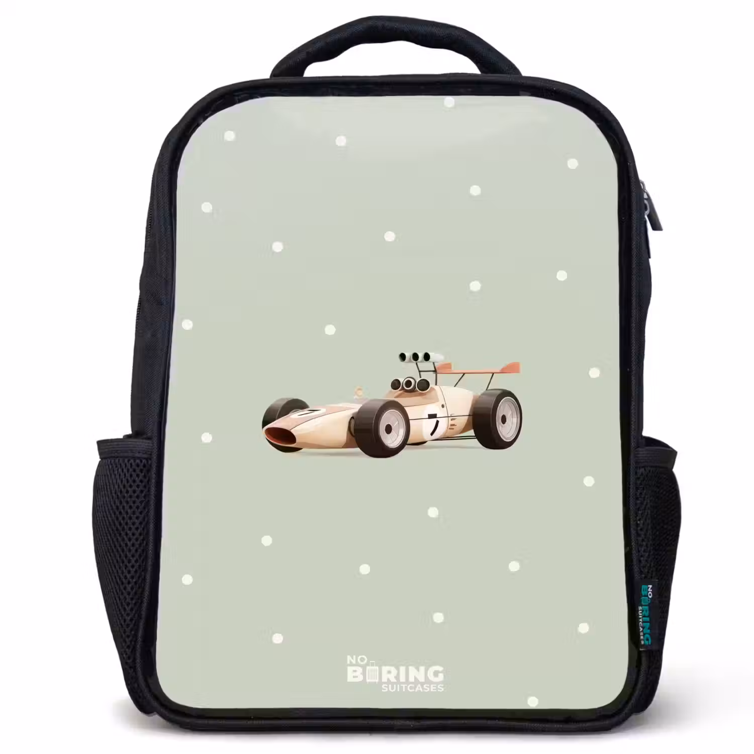 Beige retro raceauto op groene stippen achtergrond Rugzak - Zwart middel -3d