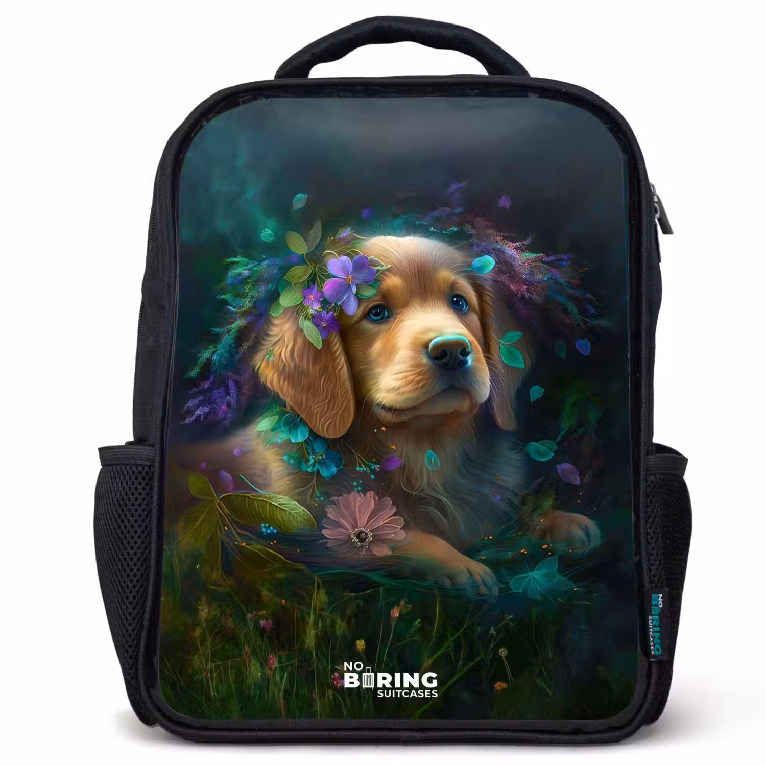 Bruine hond tussen de bloemen Rugzak - Zwart middel -3d