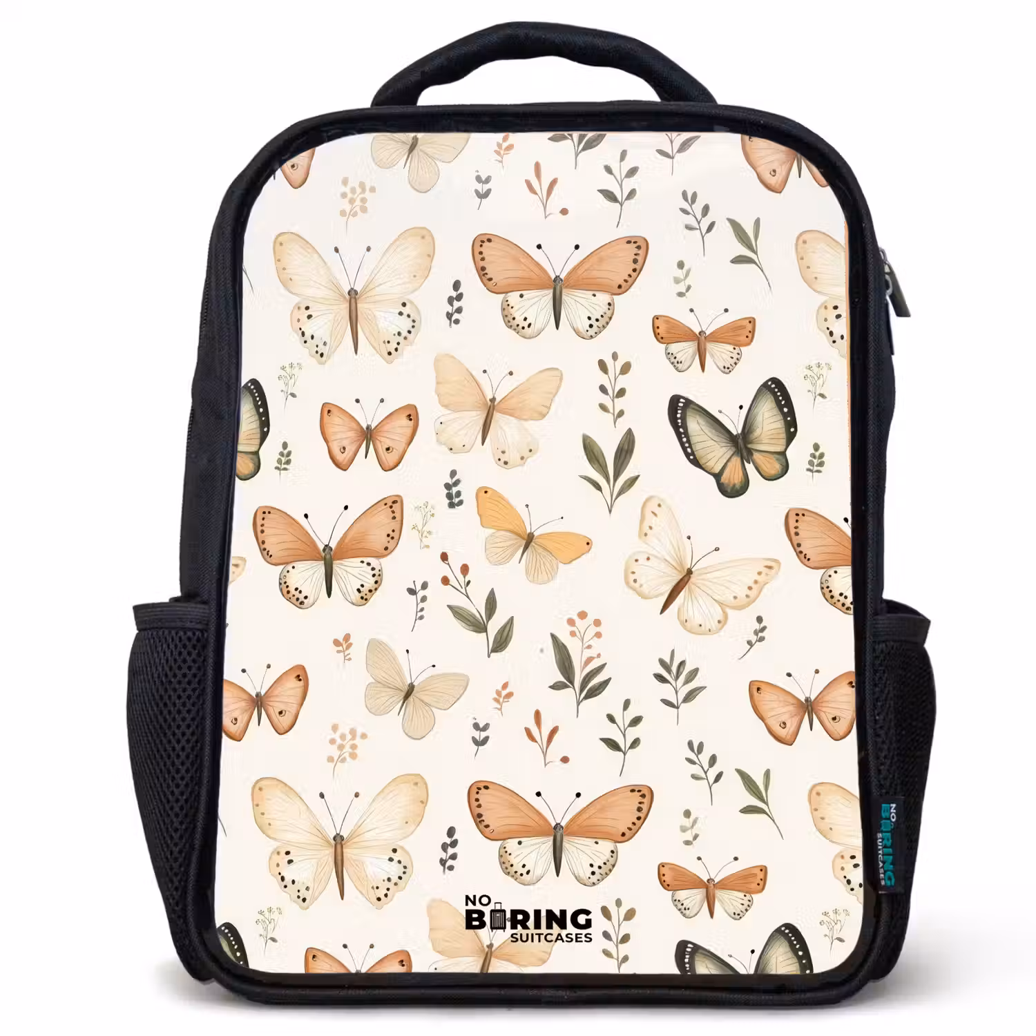 Vlinders in beige en oranjetinten tussen groene blaadjes Rugzak - Zwart middel -3d
