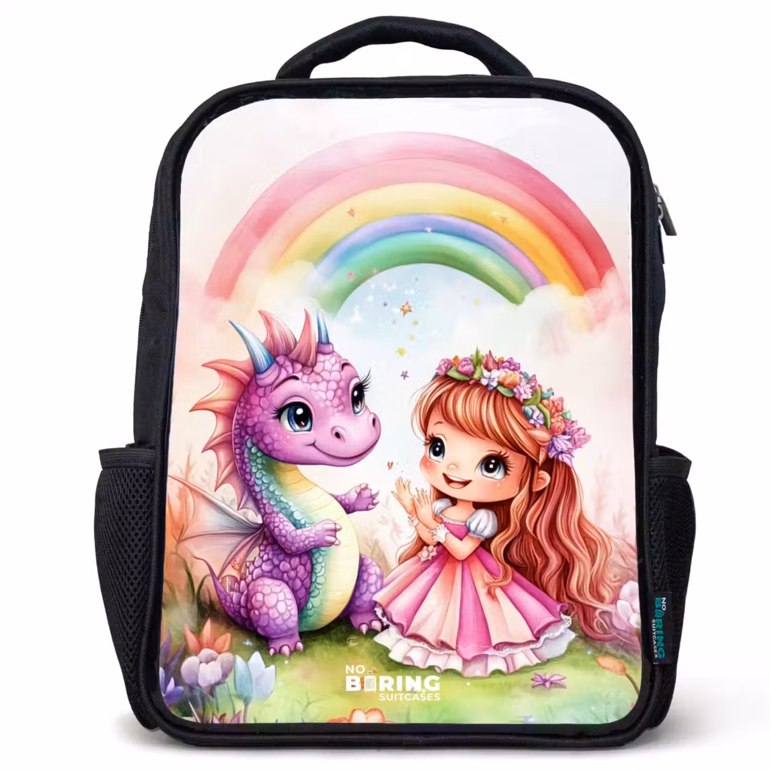 Meisje met paarse draak onder regenboog Rugzak - Zwart middel -3d