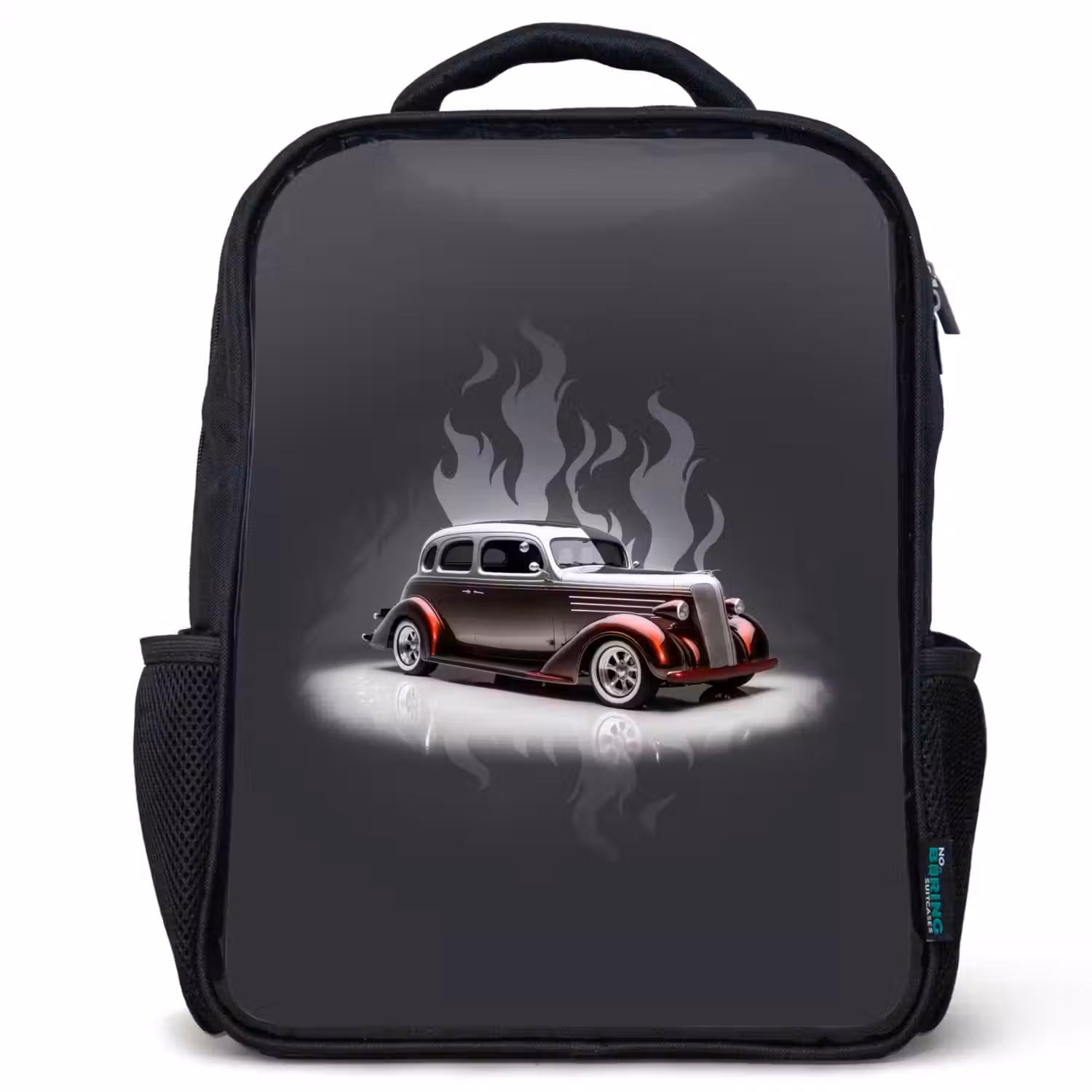 Grijze auto met grijze vlammen Rugzak - Zwart middel -3d