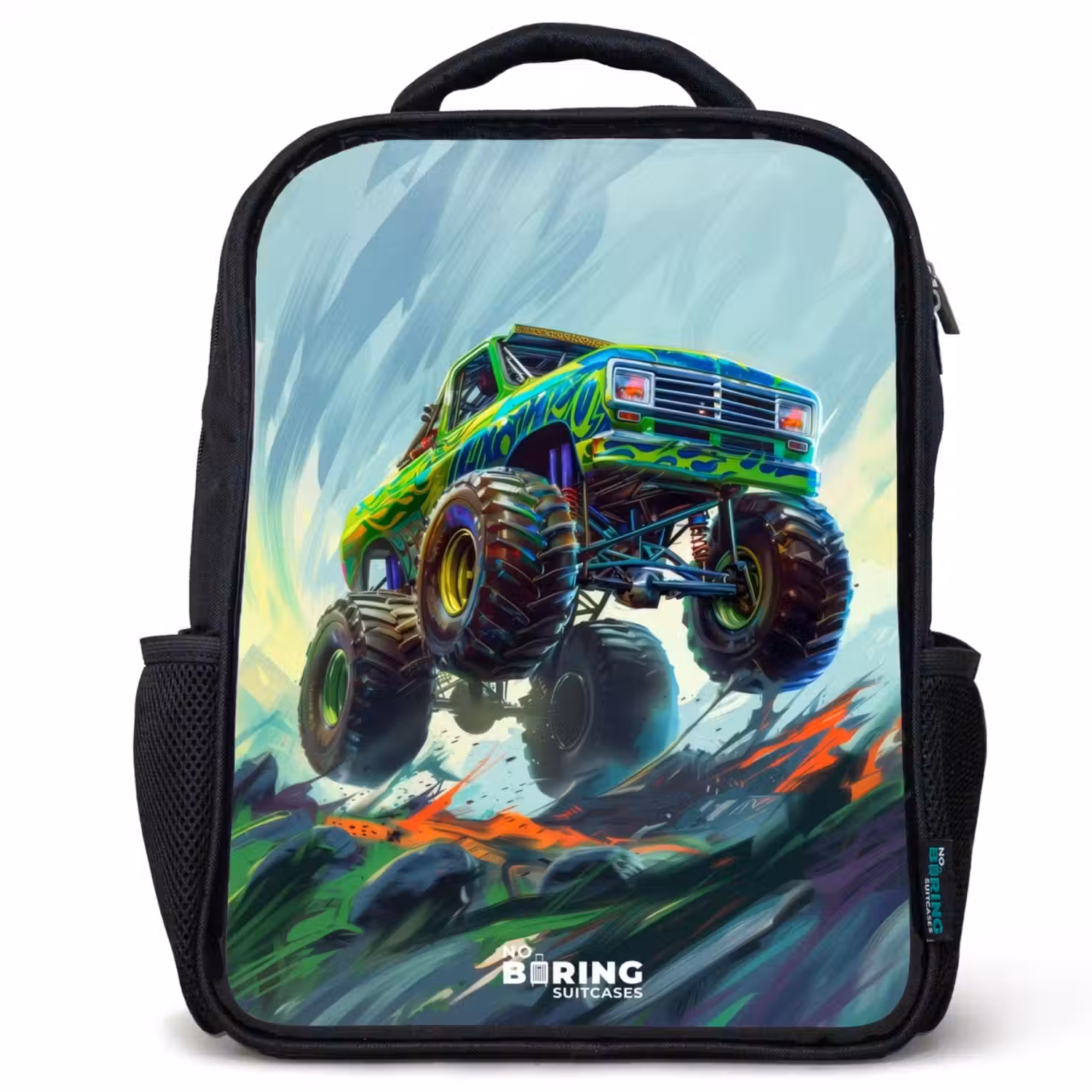 Groene Monstertruck met Penseelstreken Rugzak - Zwart middel -3d