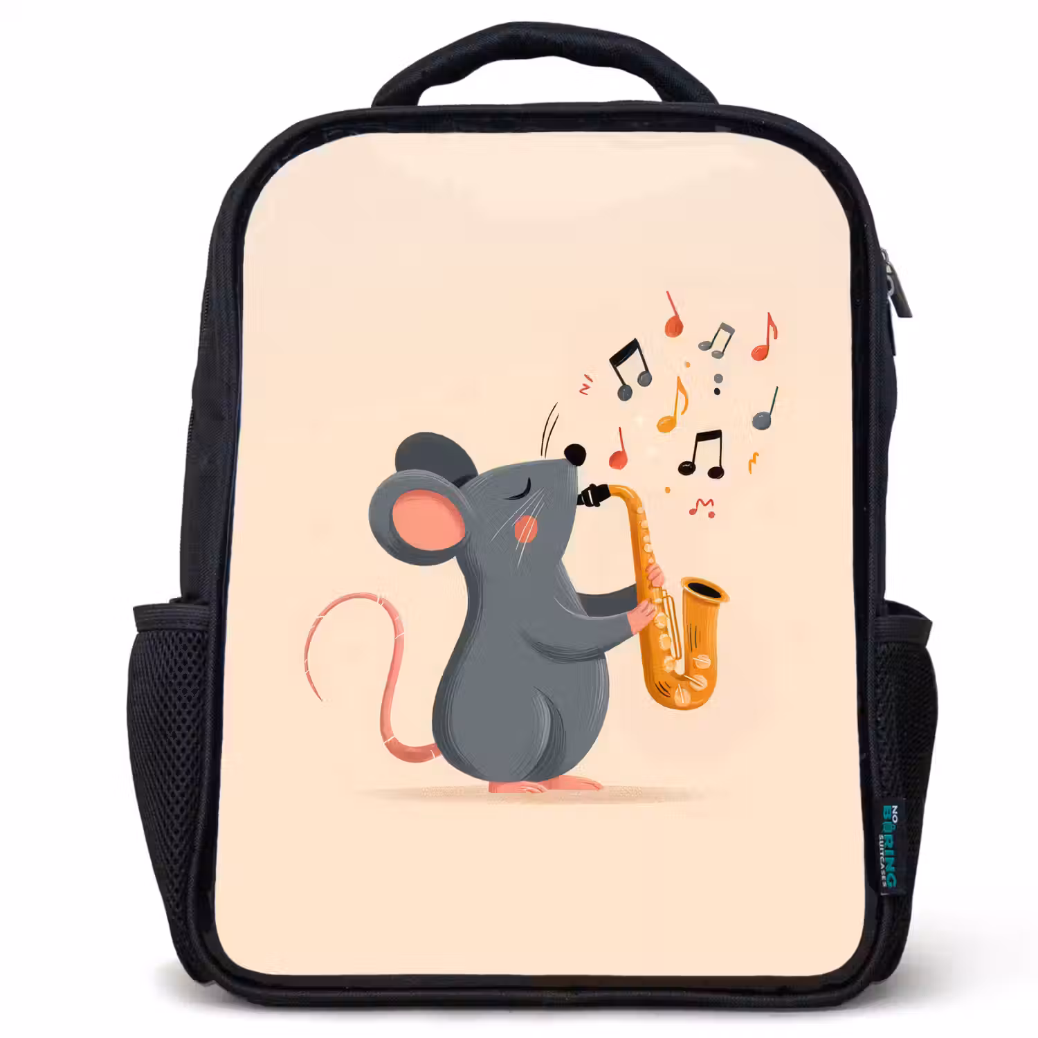Muis - Saxofoon - Muzieknoten Rugzak - Zwart middel -3d