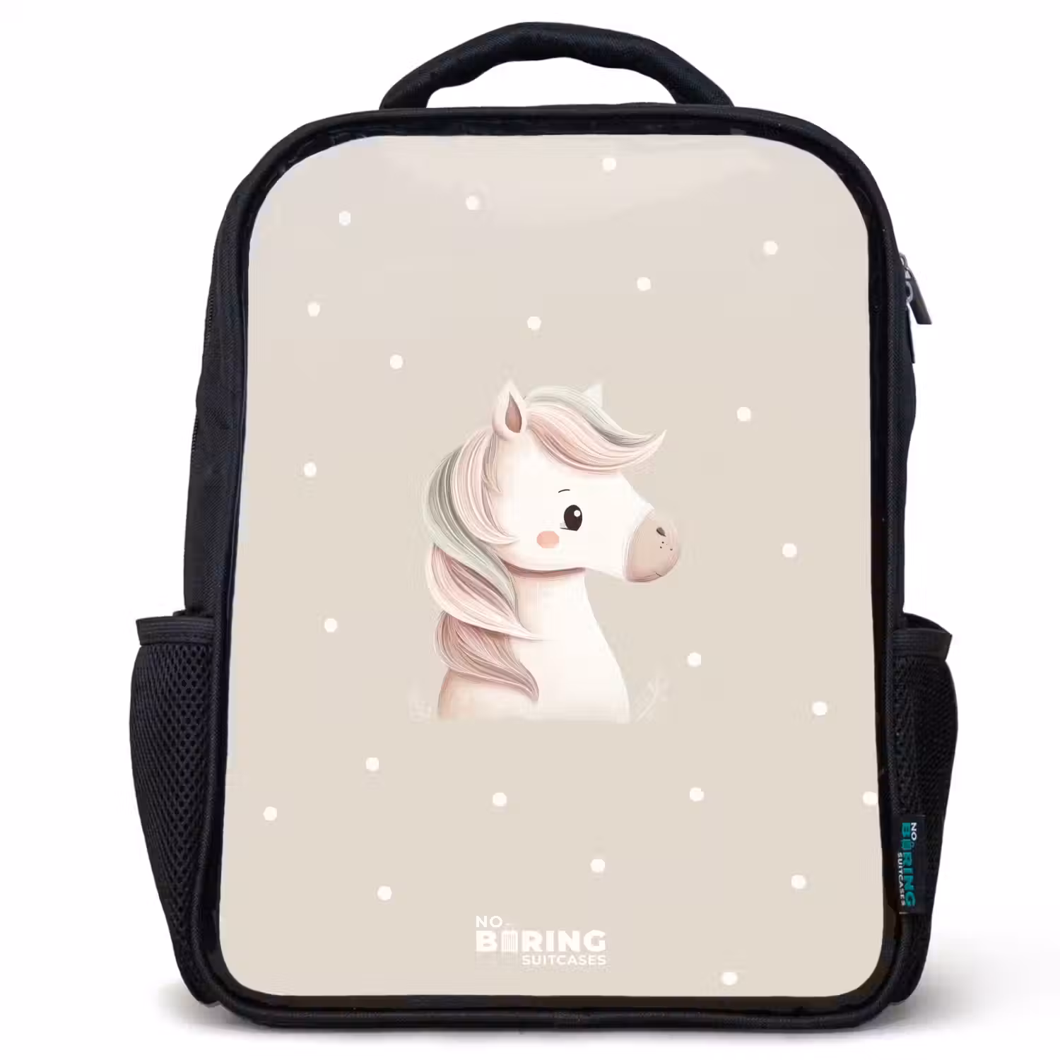 Pony omringd door stippen in beige kleuren Rugzak - Zwart middel -3d