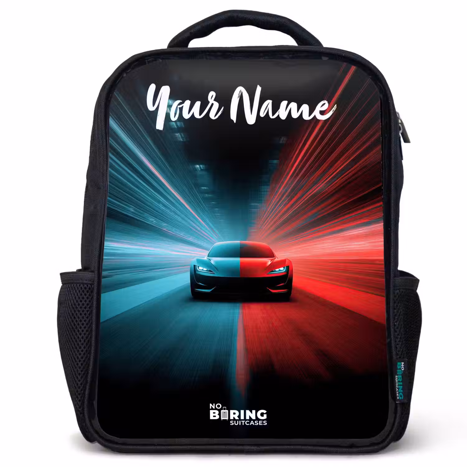 Sportauto - Blauw - Neon - Stad Rugzak - Zwart middel -3d