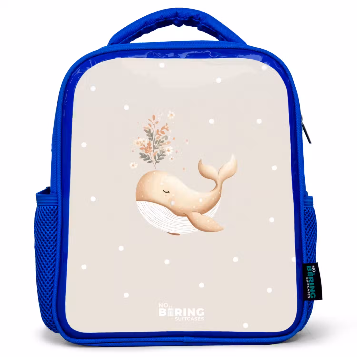 Beige walvis in bloemenzee Kinderrugzak - Blauw middel -3d