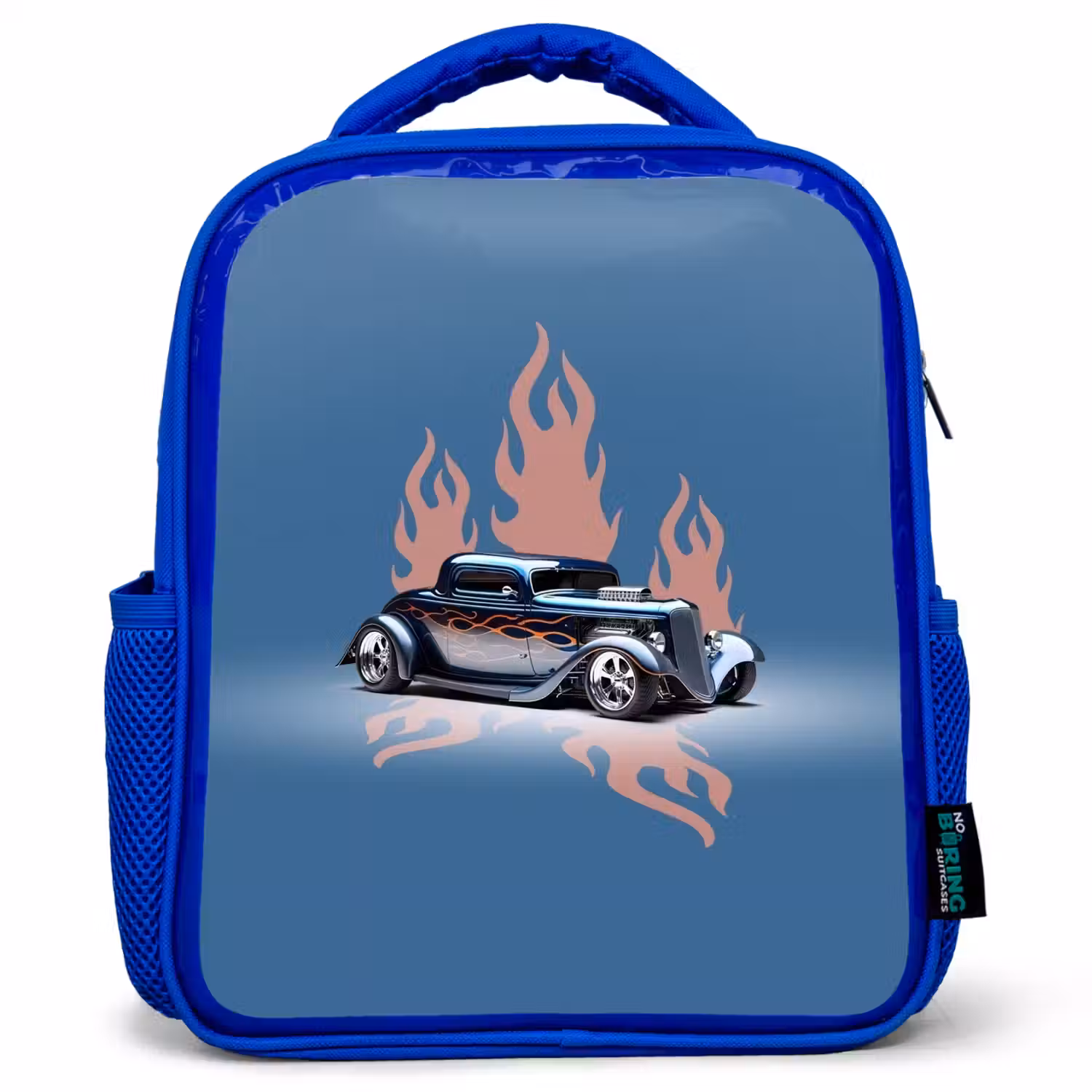 Blauwe auto met roze vlammen Kinderrugzak - Blauw middel -3d
