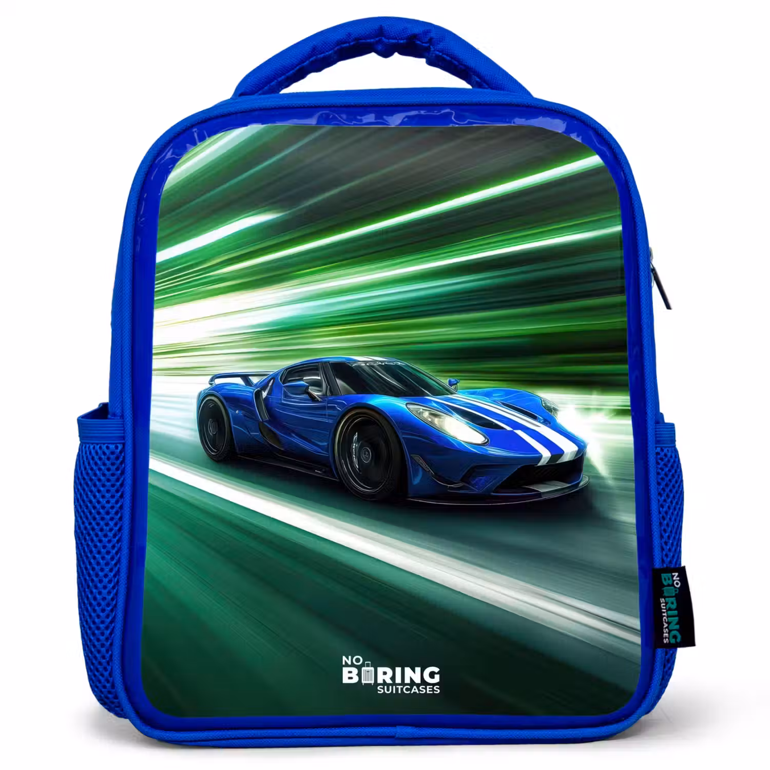 Blauwe raceauto met strepen in groene tunnel Kinderrugzak - Blauw middel -3d