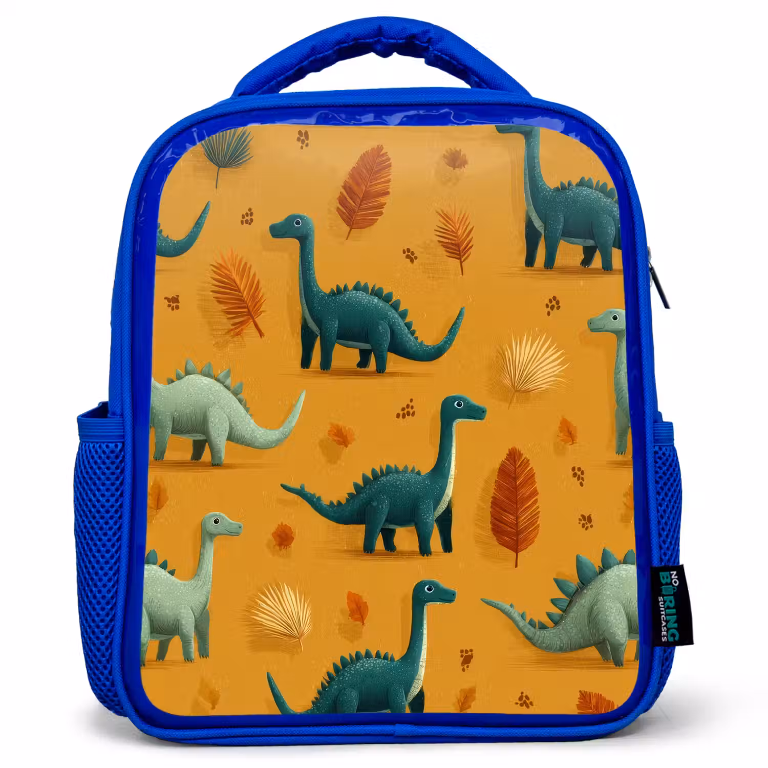 Dinosaurussen - Stekels - Herfstbladeren - Bruin Kinderrugzak - Blauw middel -3d
