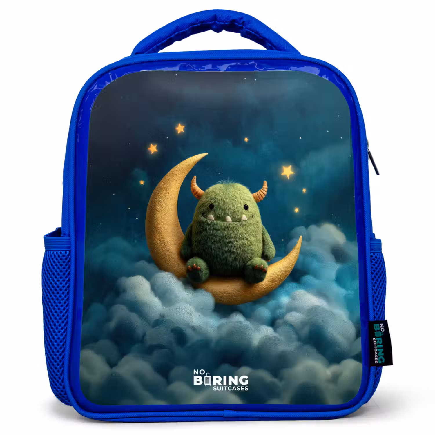 Groen monster op maansikkel Kinderrugzak - Blauw middel -3d