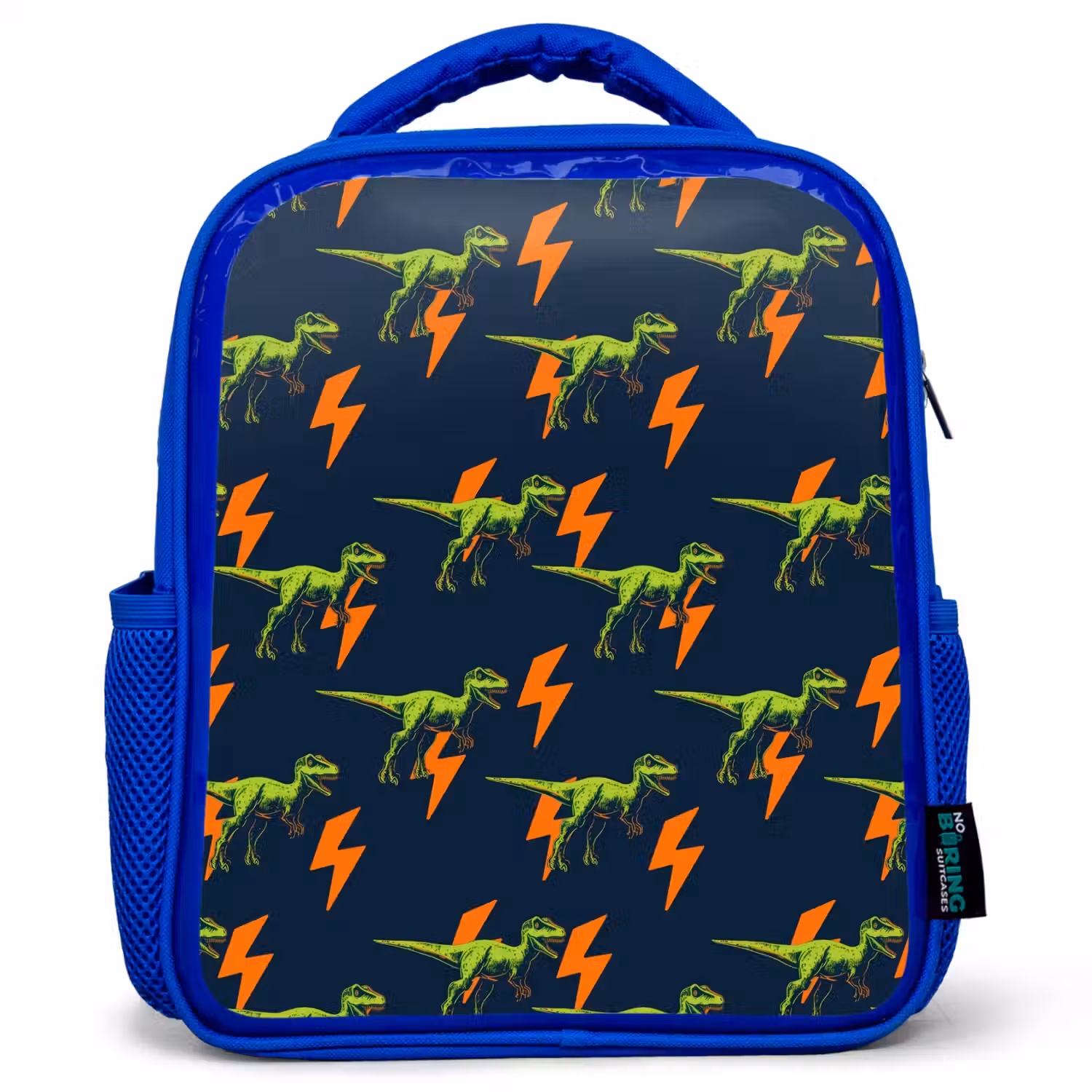 Bliksemschichten - Oranje - Dinosaurussen Kinderrugzak - Blauw middel -3d