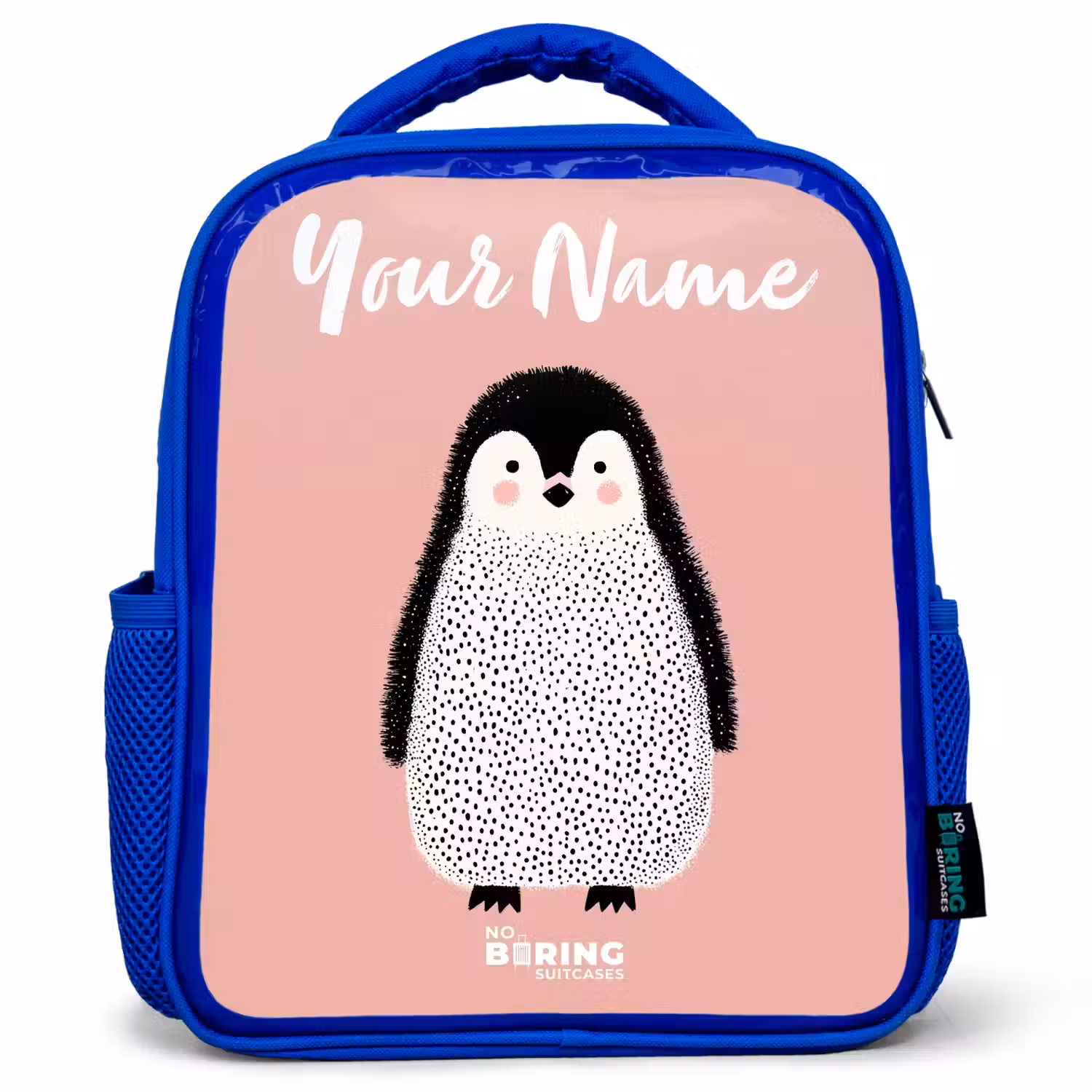 Pinguïn - Stippen - Roze - Minimalistisch Kinderrugzak - Blauw middel -3d