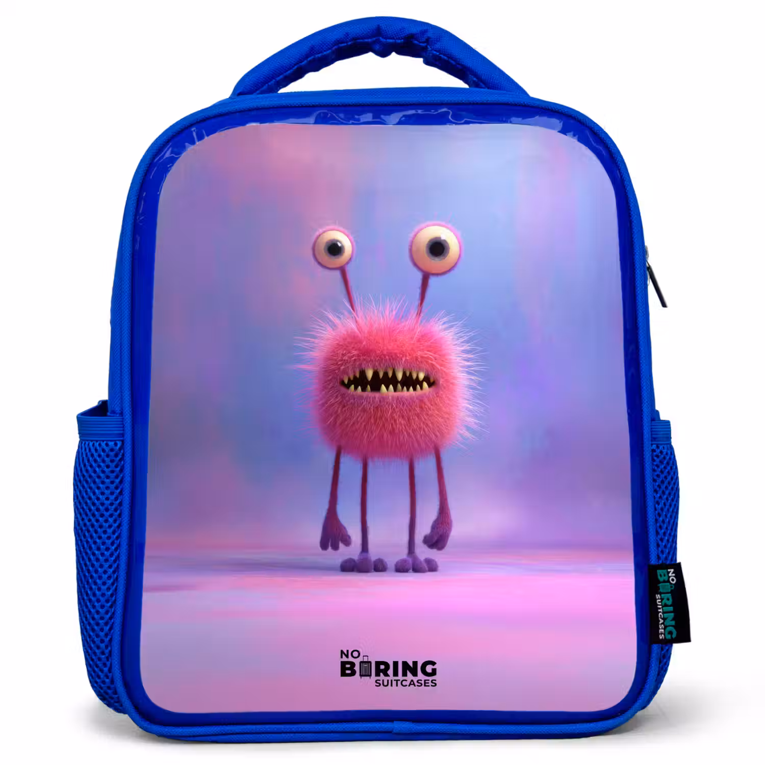 Roze harig monster met grote ogen Kinderrugzak - Blauw middel -3d