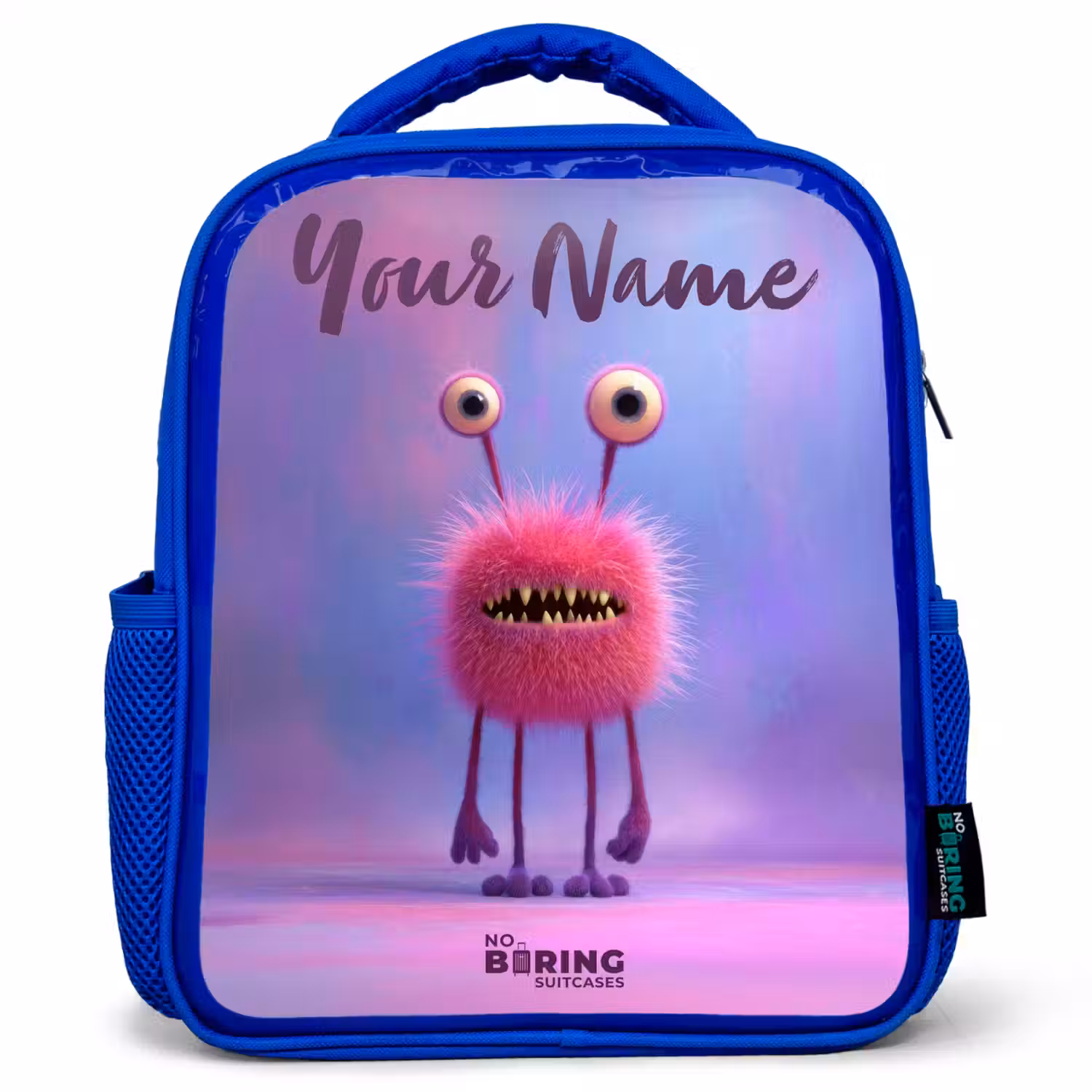 Roze harig monster met grote ogen Kinderrugzak - Blauw middel -3d