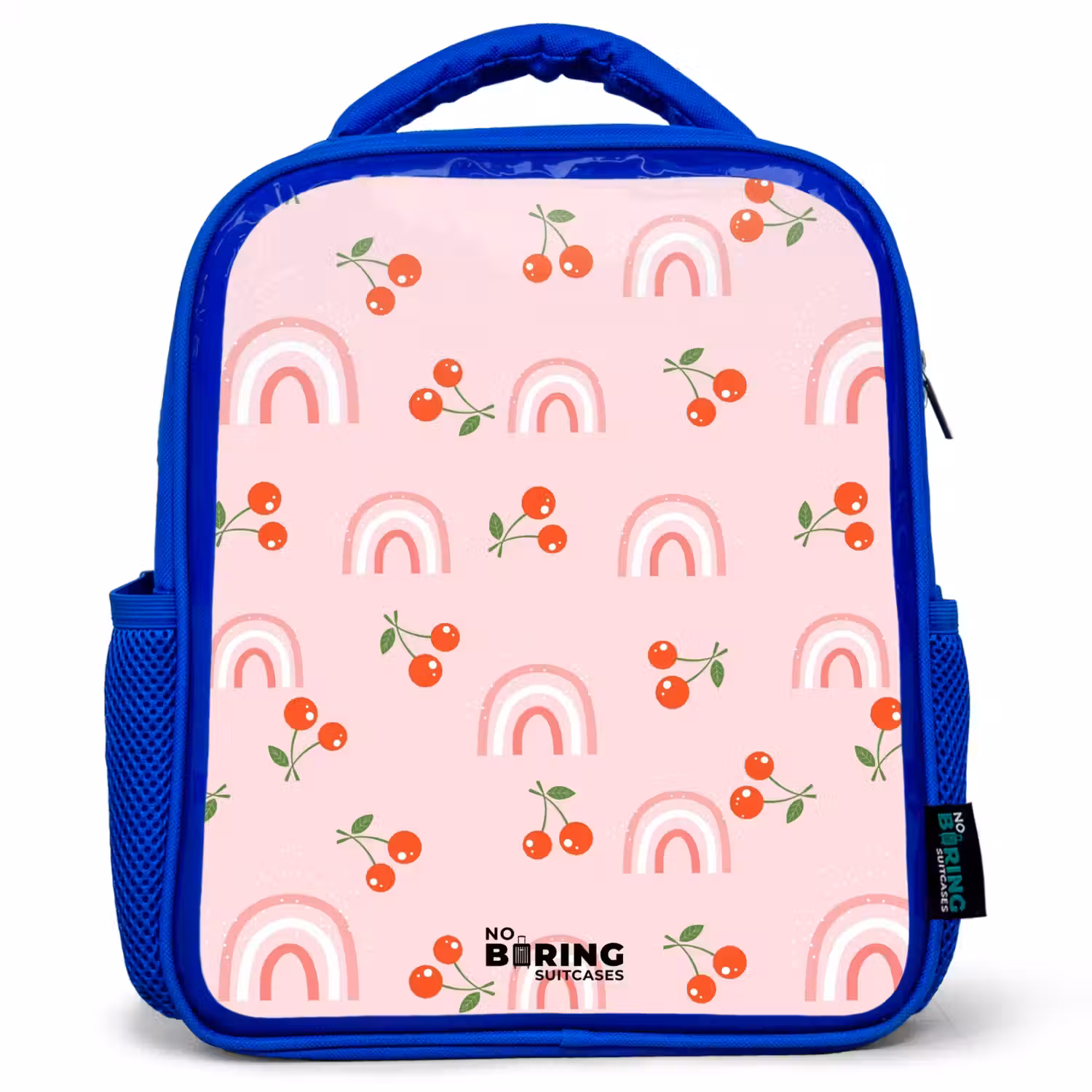 Roze met regenboog en kersen patroon Kinderrugzak - Blauw middel -3d