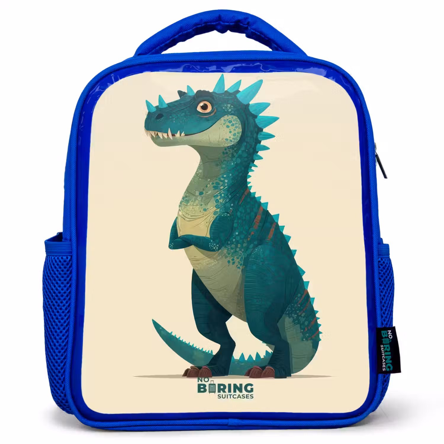Spiky dino met vriendelijke blik Kinderrugzak - Blauw middel -3d