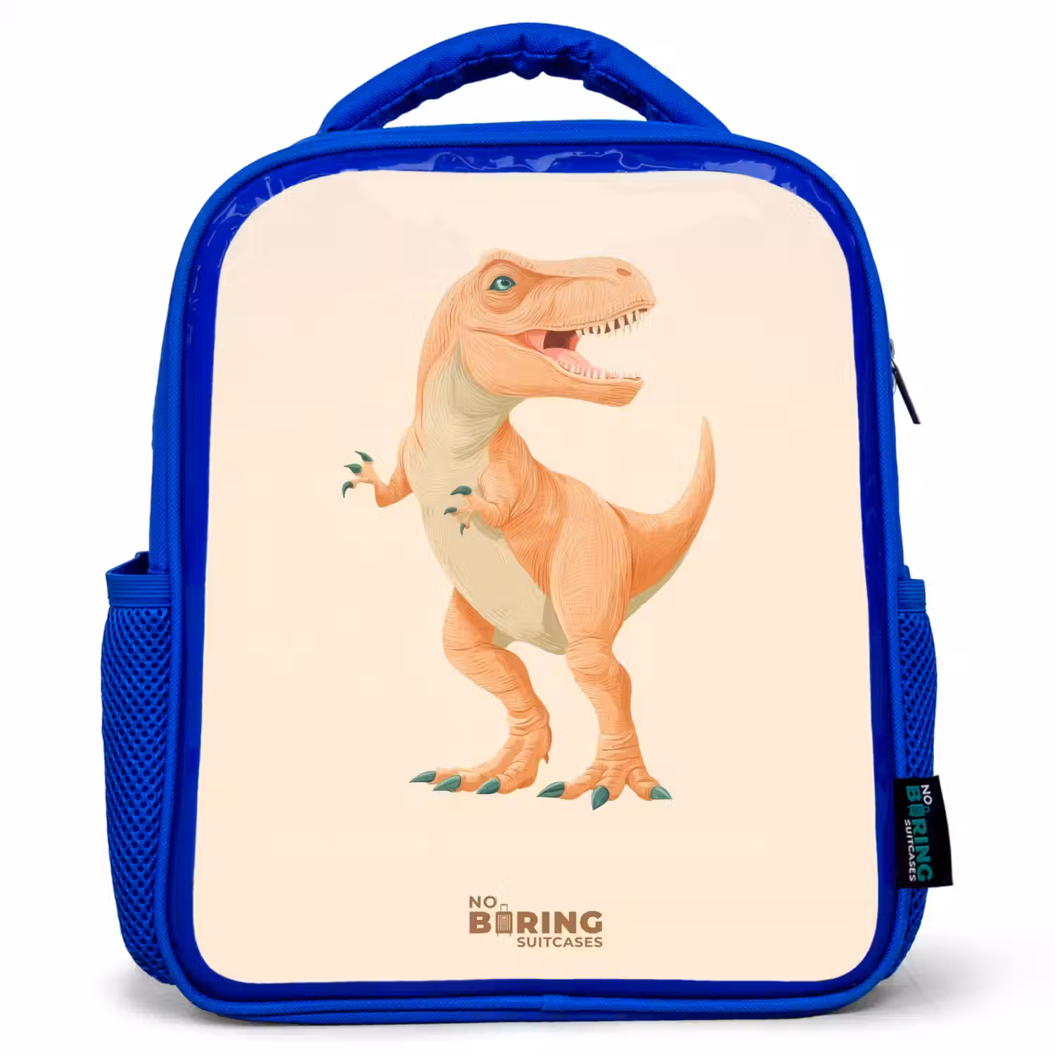 T-rex dino in oranje kleuren Kinderrugzak - Blauw middel -3d