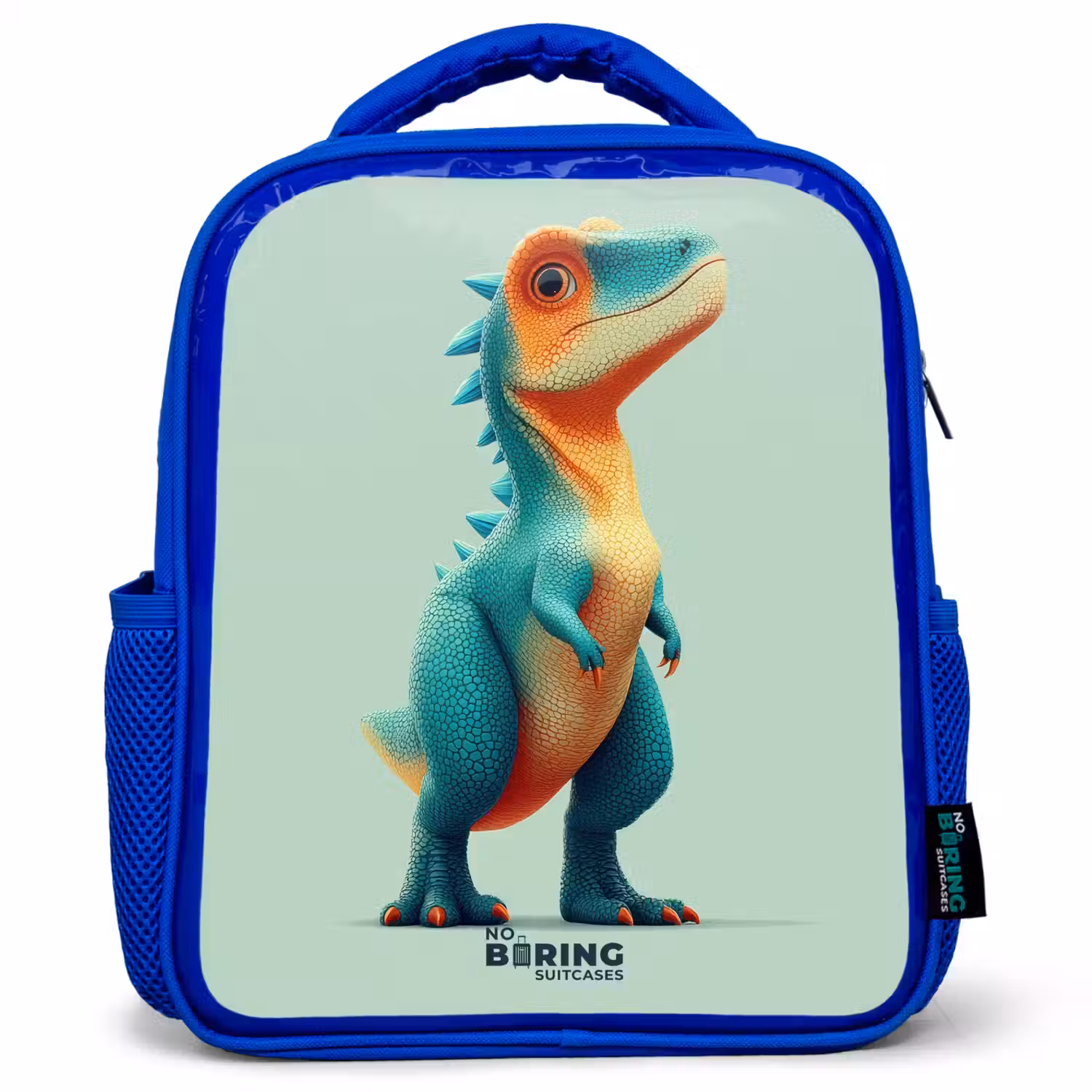 Stoere dino met grote ogen Kinderrugzak - Blauw middel -3d
