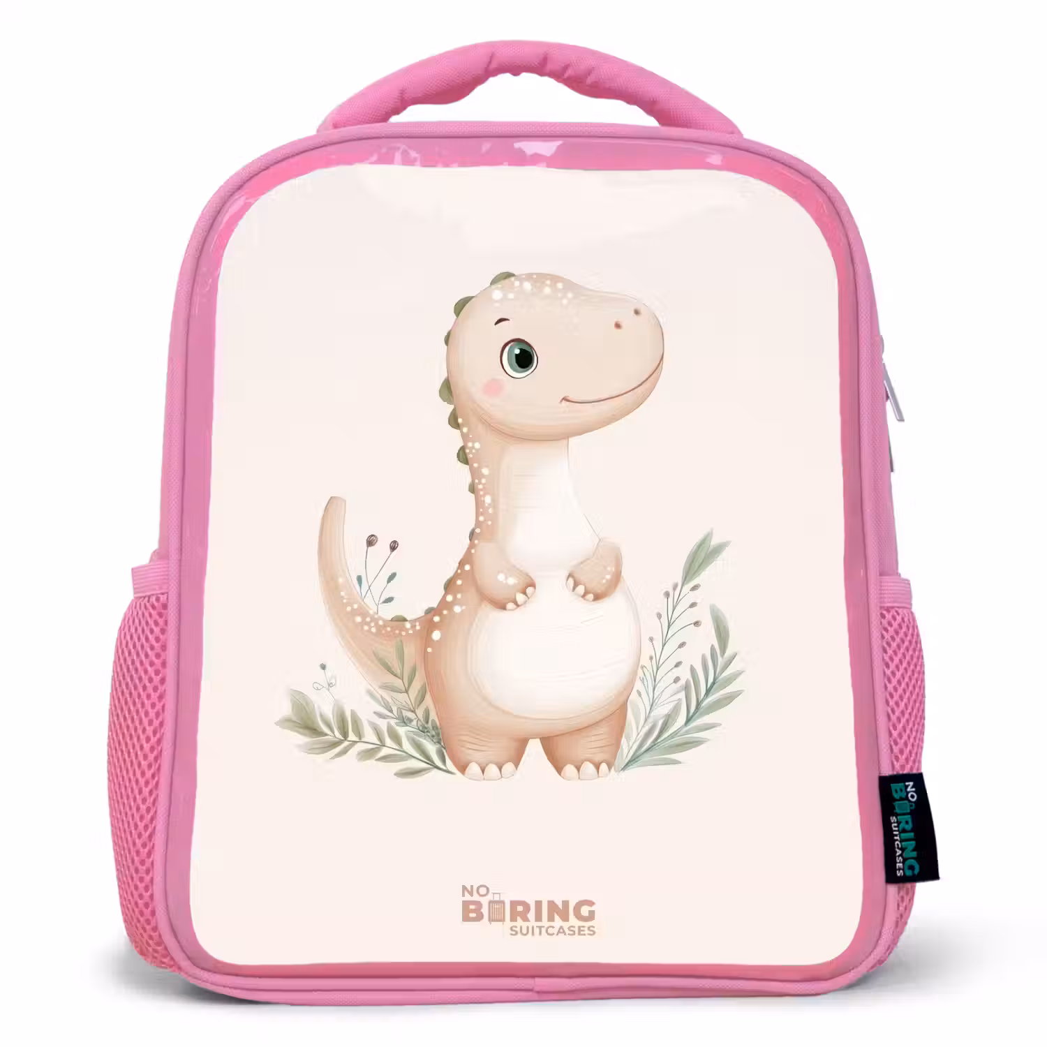Beige dinosaurus met groene blaadjes Kinderrugzak - Roze middel -3d