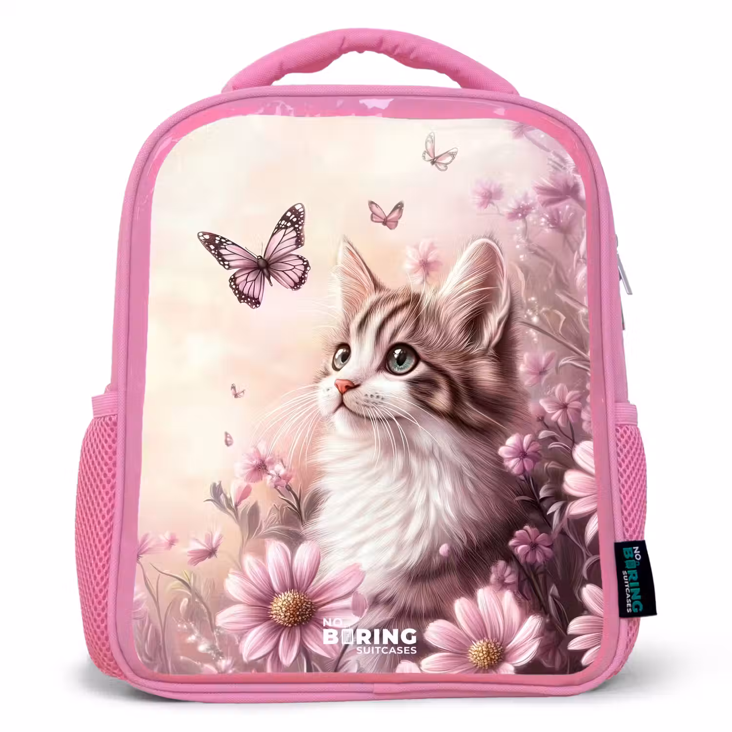 Kat - Paars - Vlinders - Bloemen Kinderrugzak - Roze middel -3d