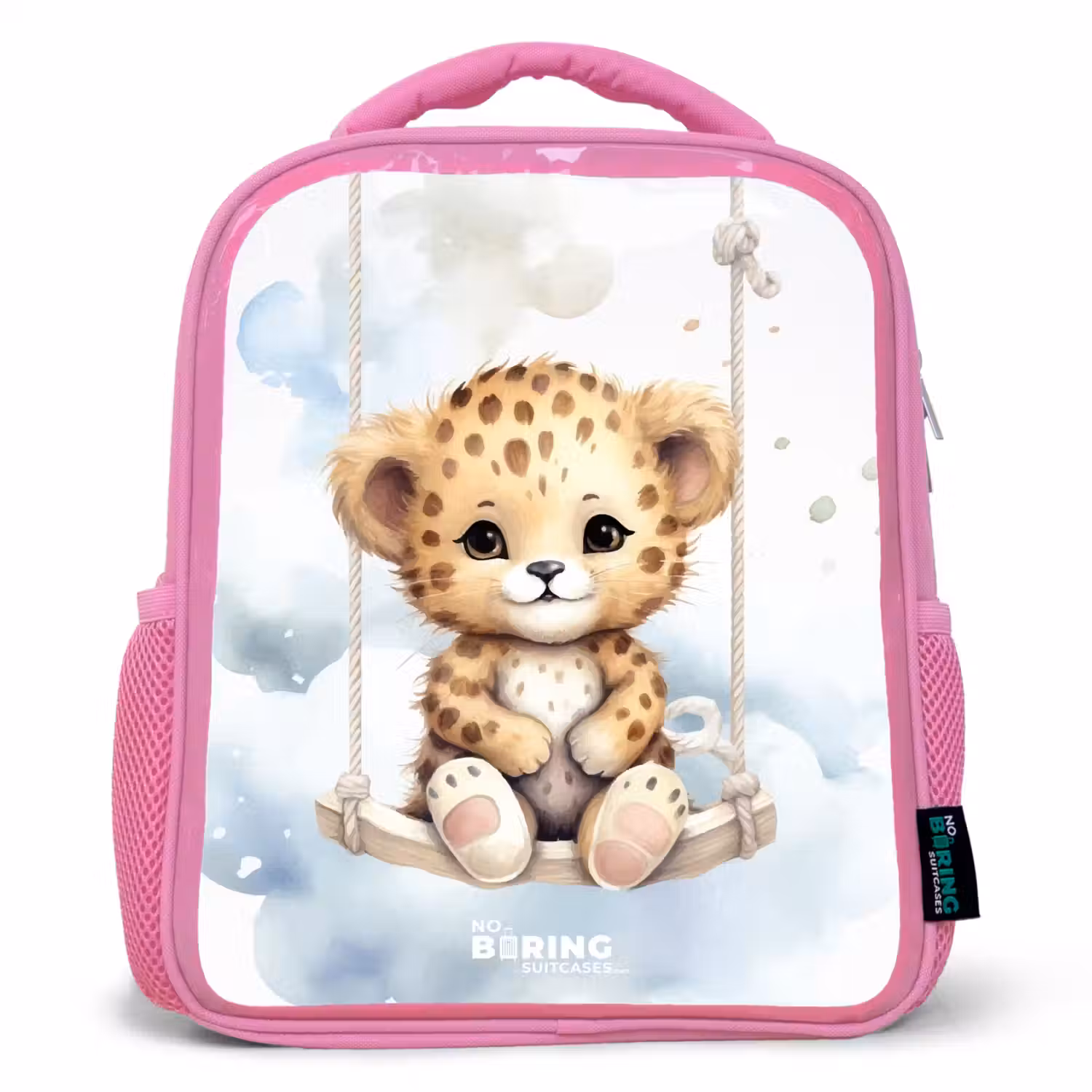 Cheeta welpje op een schommel in de wolken Kinderrugzak - Roze middel -3d