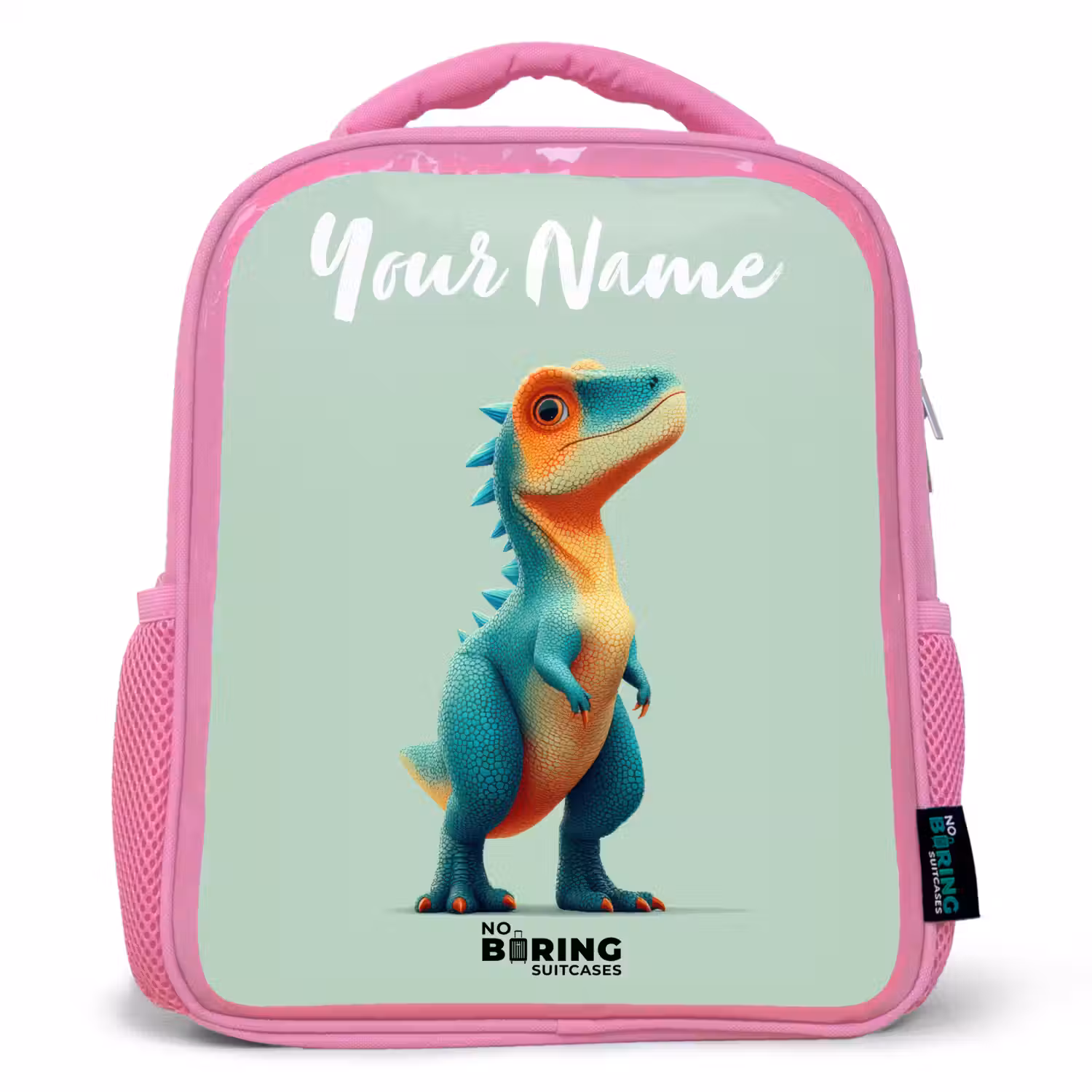 Dino - Dier - Groen - Oranje Kinderrugzak - Roze middel -3d