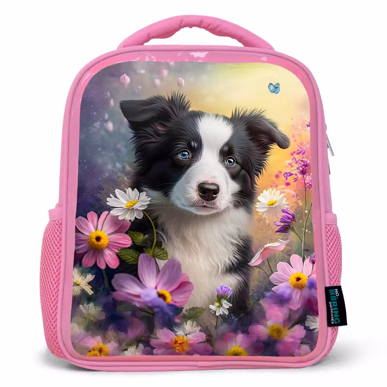 Hond - Bloemen - Natuur - Puppy - Bordercollie Kinderrugzak - Roze middel -3d