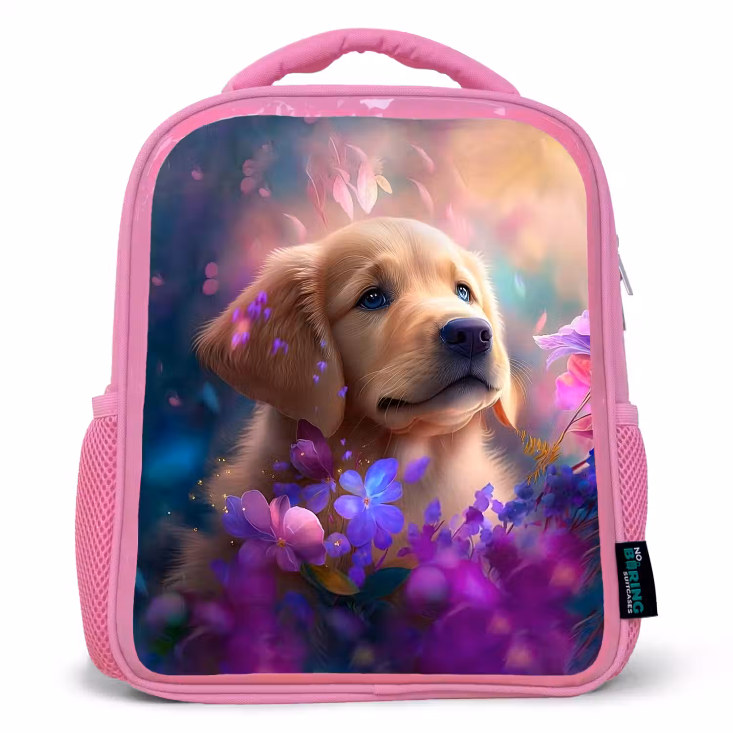 Hond - Puppy - Zon - Bloemen - Golden retriever Kinderrugzak - Roze middel -3d