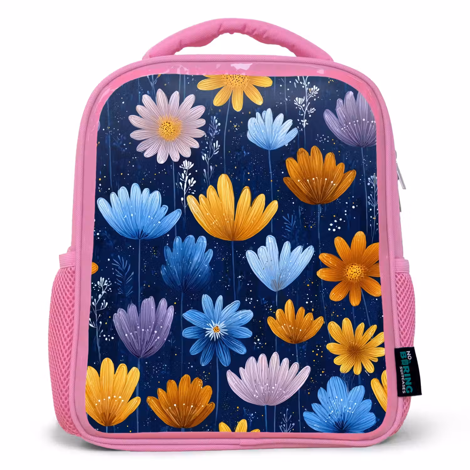 Bloemen - Patroon - Blauw - Contrast Kinderrugzak - Roze middel -3d