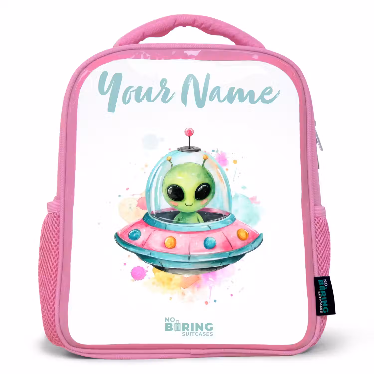 Groene alien in kleurrijke UFO Kinderrugzak - Roze middel -3d