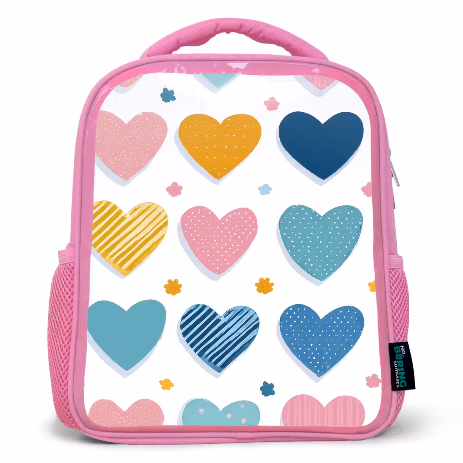 Hartjes - Pastel - Kleurcontrast - Handgetekend Kinderrugzak - Roze middel -3d
