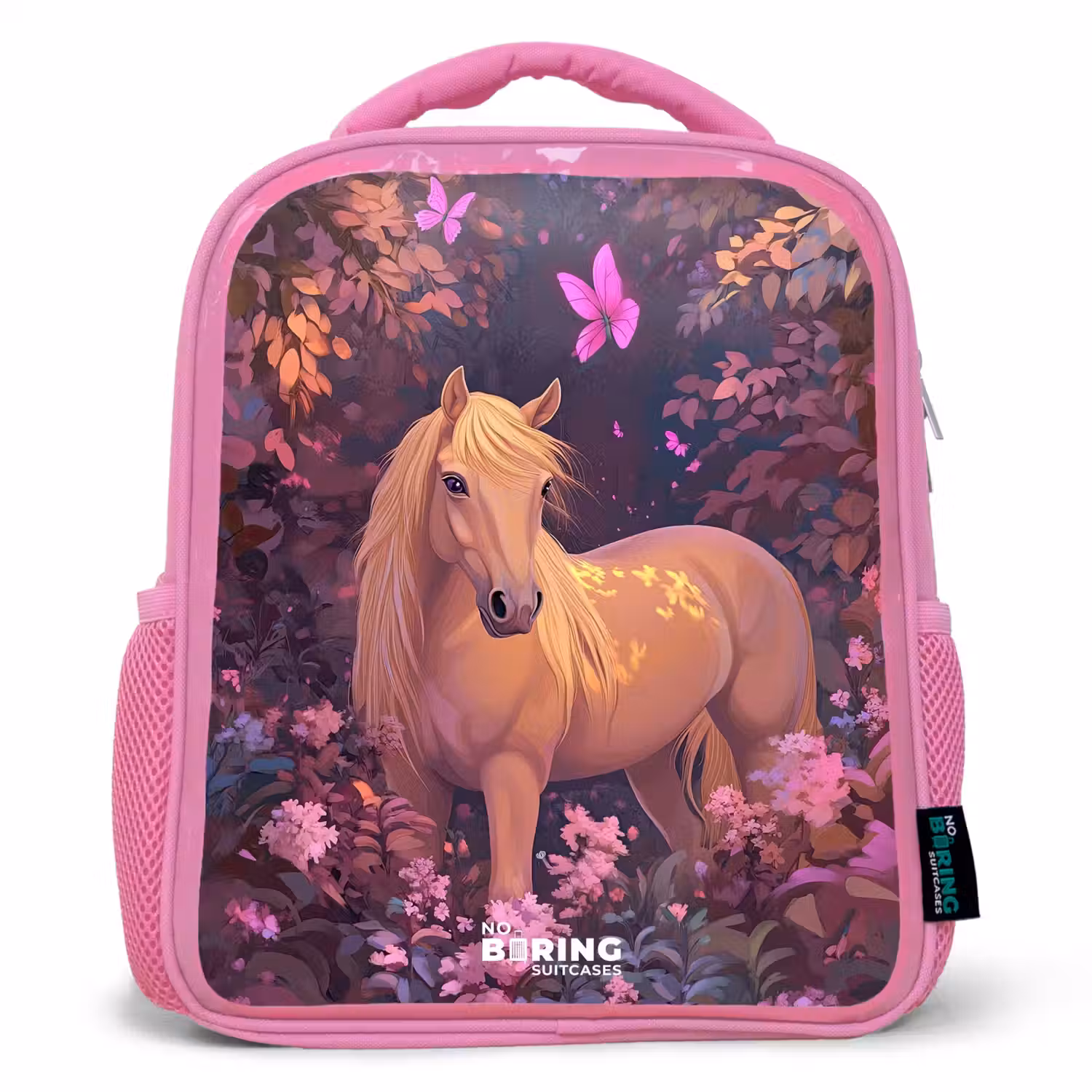 Paard - Bloemen - Paars - Vlinder Kinderrugzak - Roze middel -3d