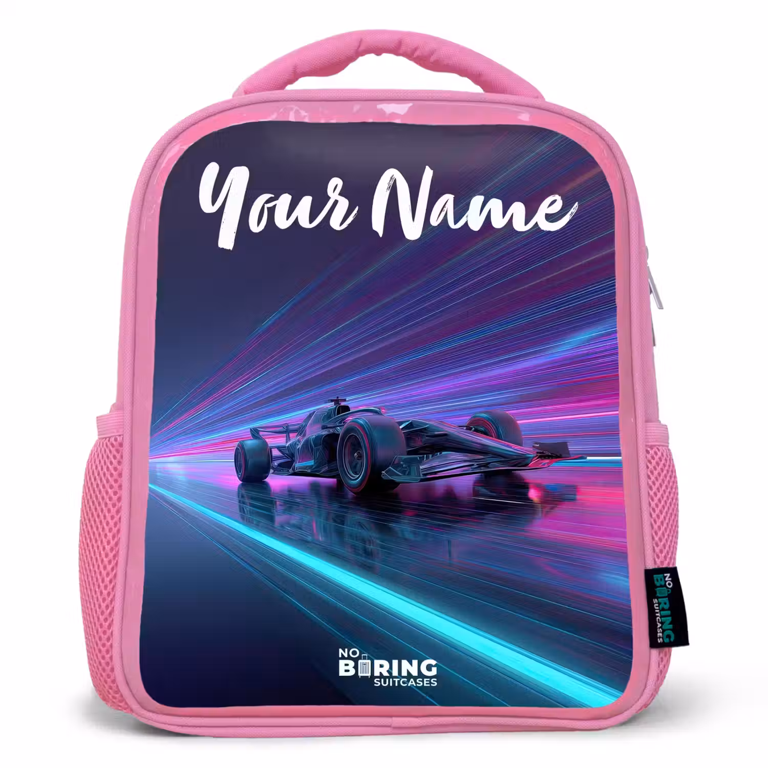 Lichtstralen - Neon - Racewagen - Paars Kinderrugzak - Roze middel -3d