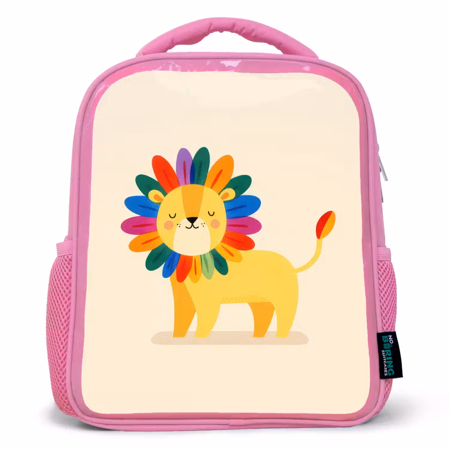 Leeuw - Kleurrijke manen - Beige Kinderrugzak - Roze middel -3d