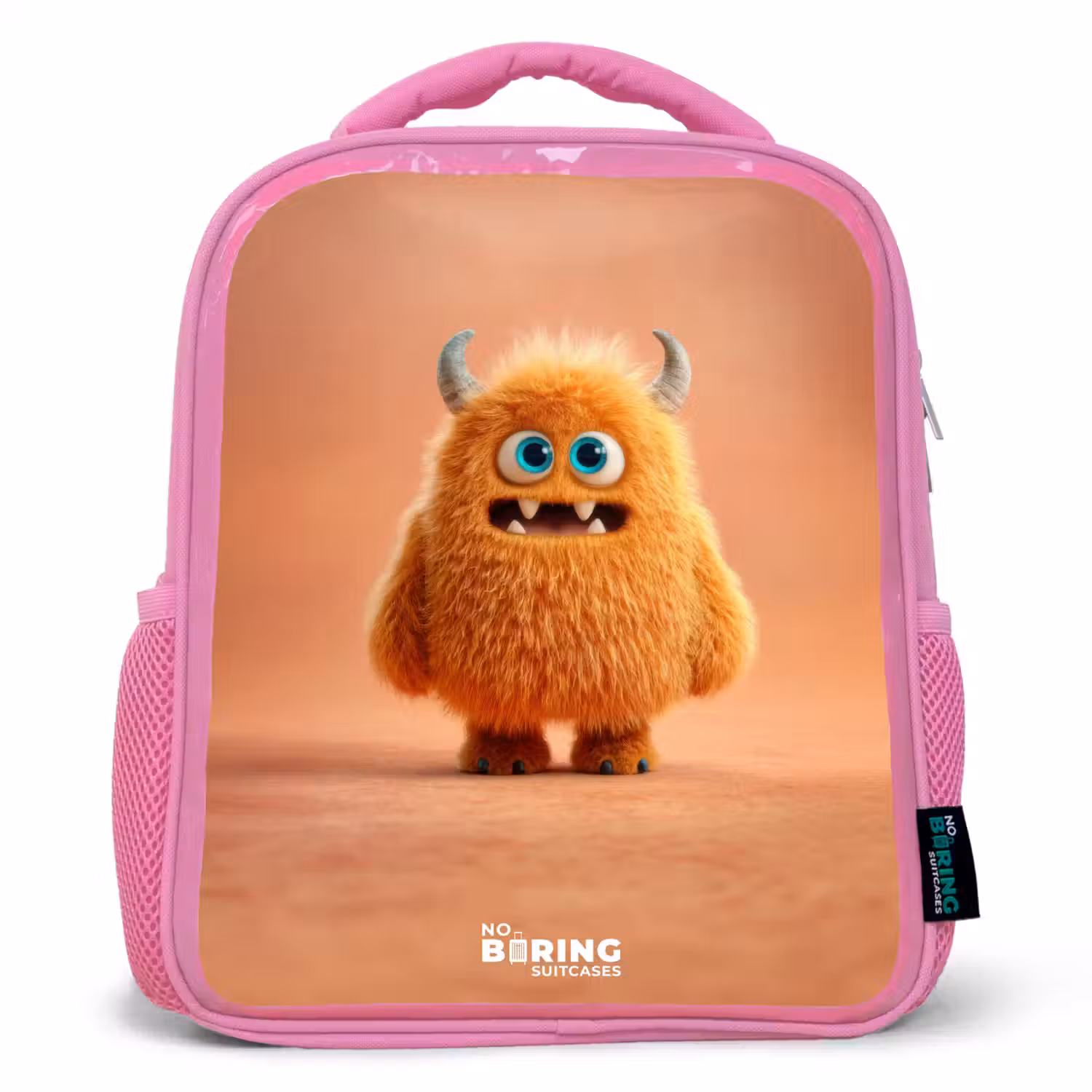 Oranje Pluizig Monster met Hoorns Kinderrugzak - Roze middel -3d
