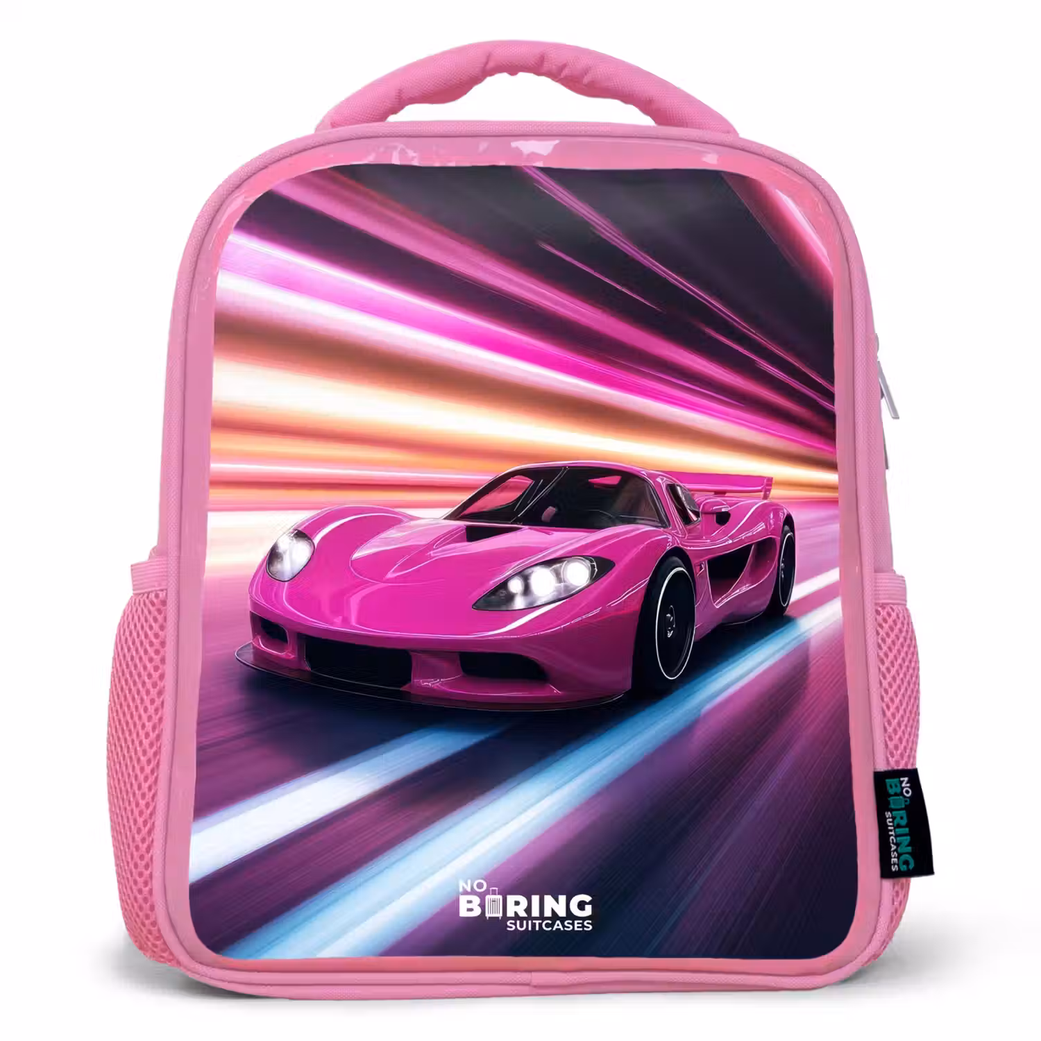 Roze raceauto flitst door neonlicht Kinderrugzak - Roze middel -3d