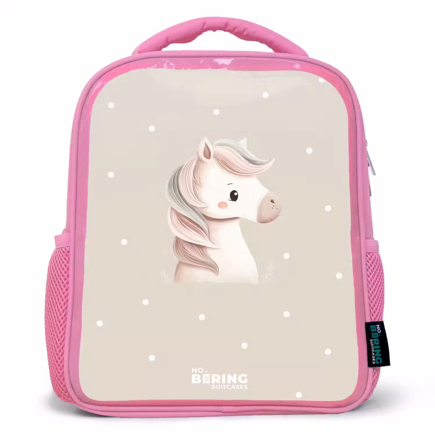 Pony omringd door stippen in beige kleuren Kinderrugzak - Roze middel -3d