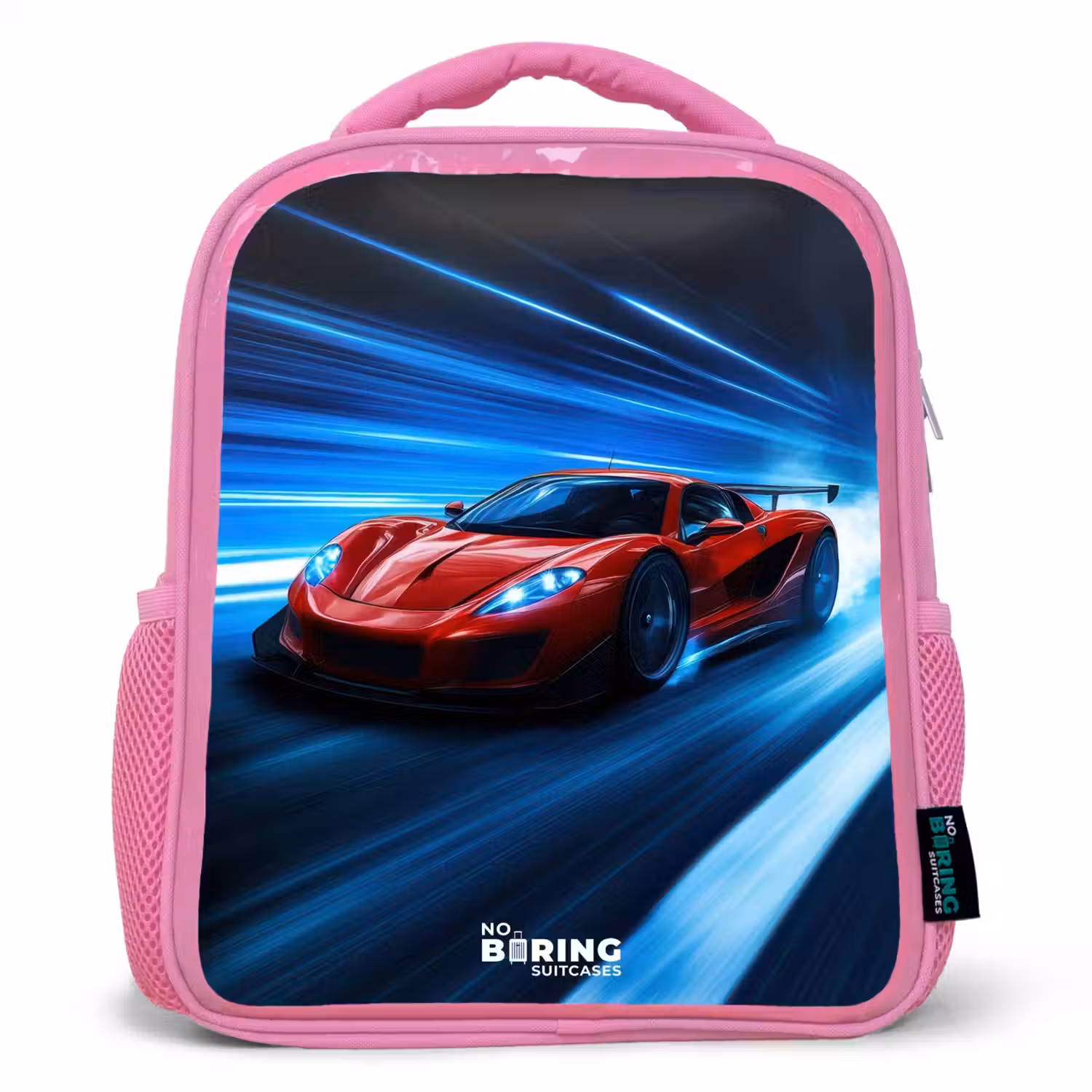 Rode racewagen in digitale snelheidswereld Kinderrugzak - Roze middel -3d