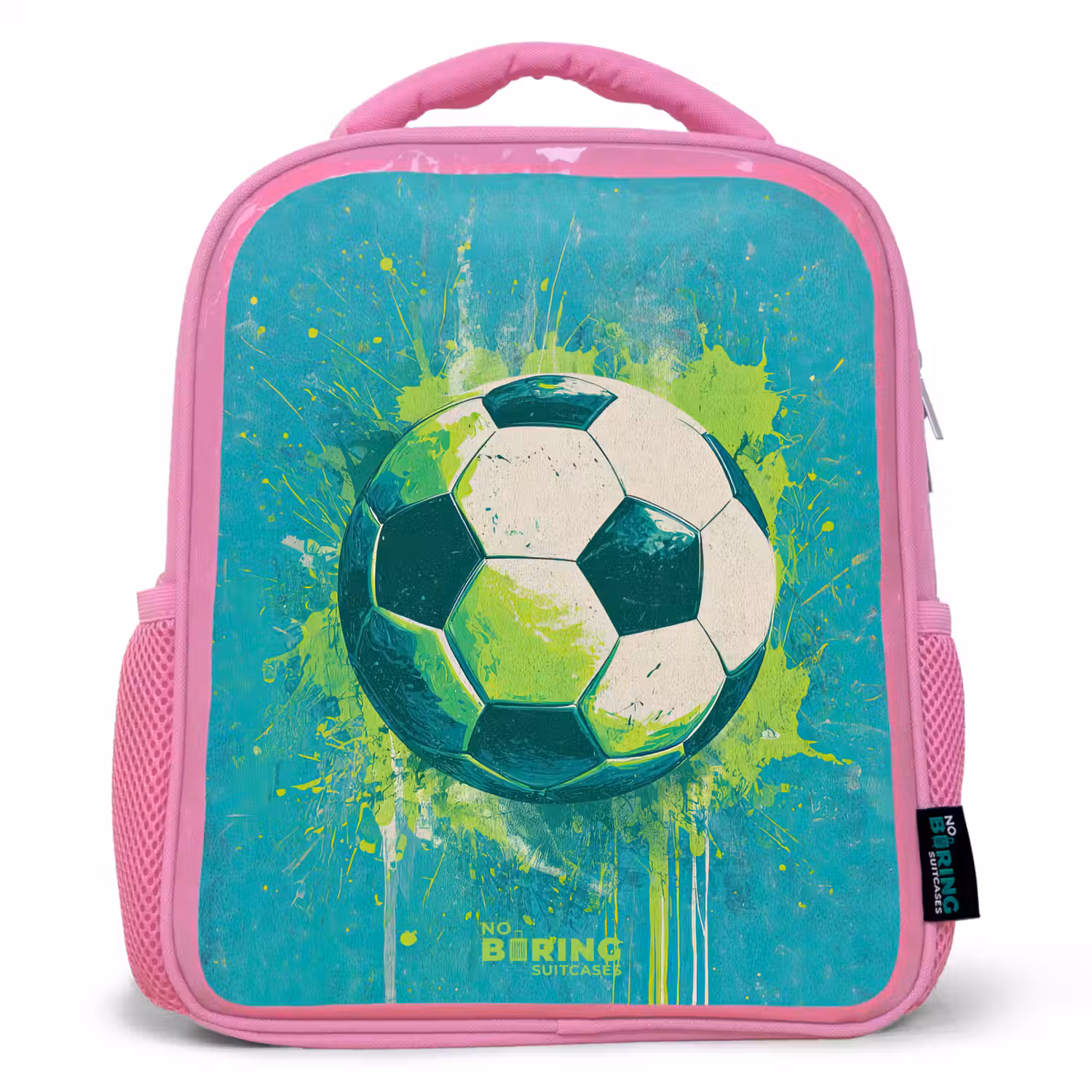 Voetbal - Verfspatten - Groen - Blauw Kinderrugzak - Roze middel -3d