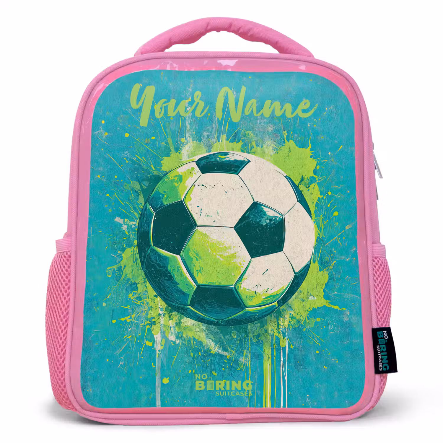 Voetbalvibes - Verfspatten - Groen - Blauw Kinderrugzak - Roze middel -3d