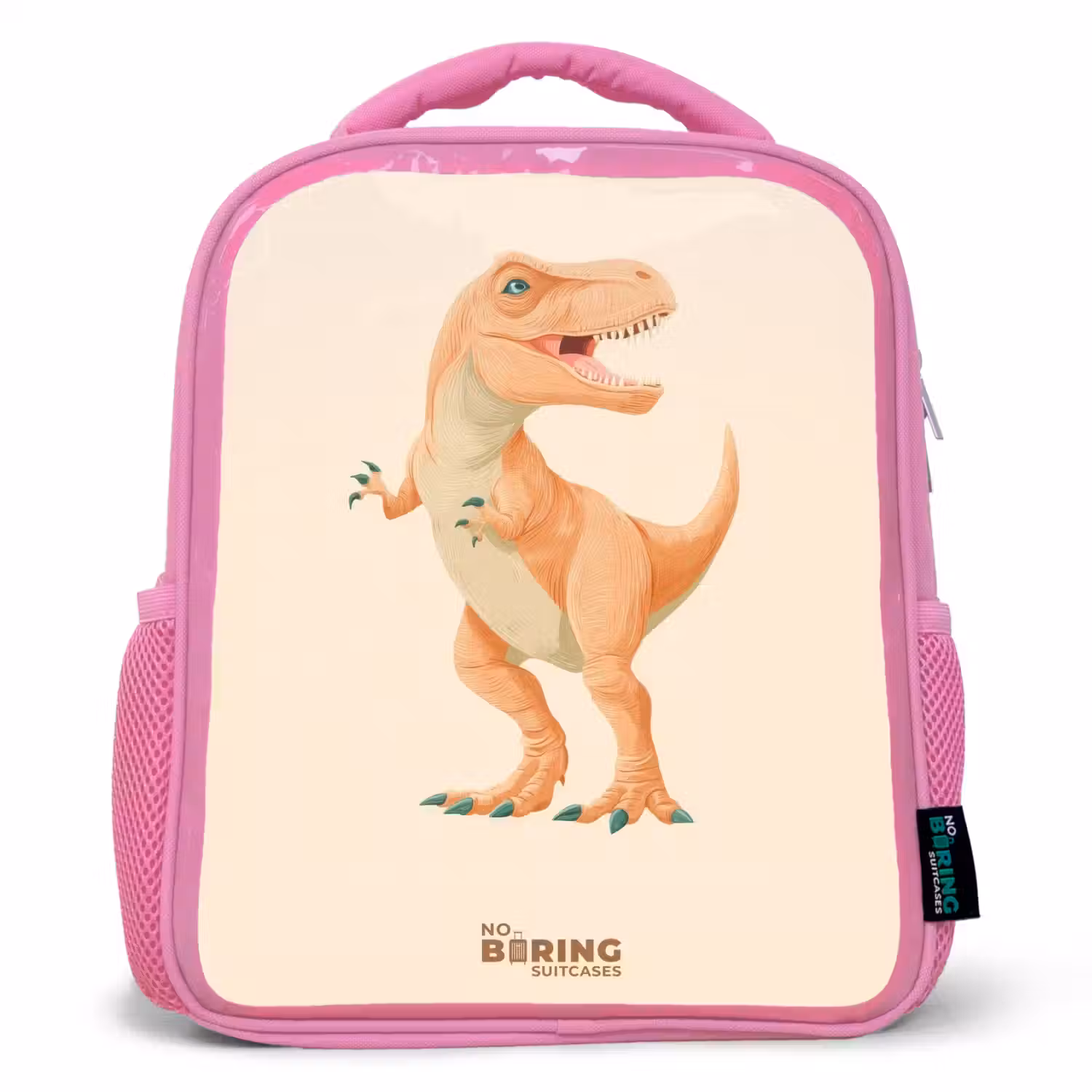 T-rex dino in oranje kleuren Kinderrugzak - Roze middel -3d