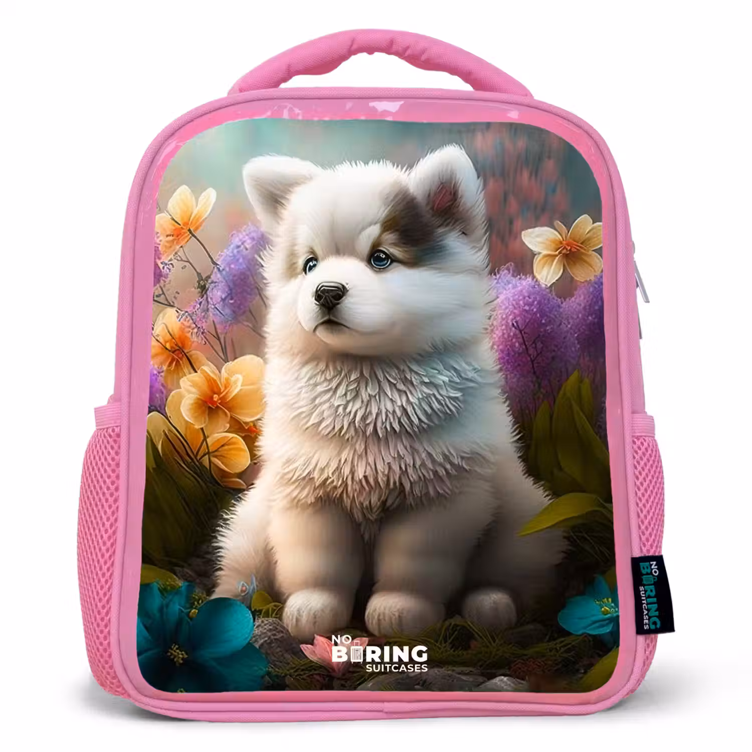 Witte puppy in een bloemenweide Kinderrugzak - Roze middel -3d