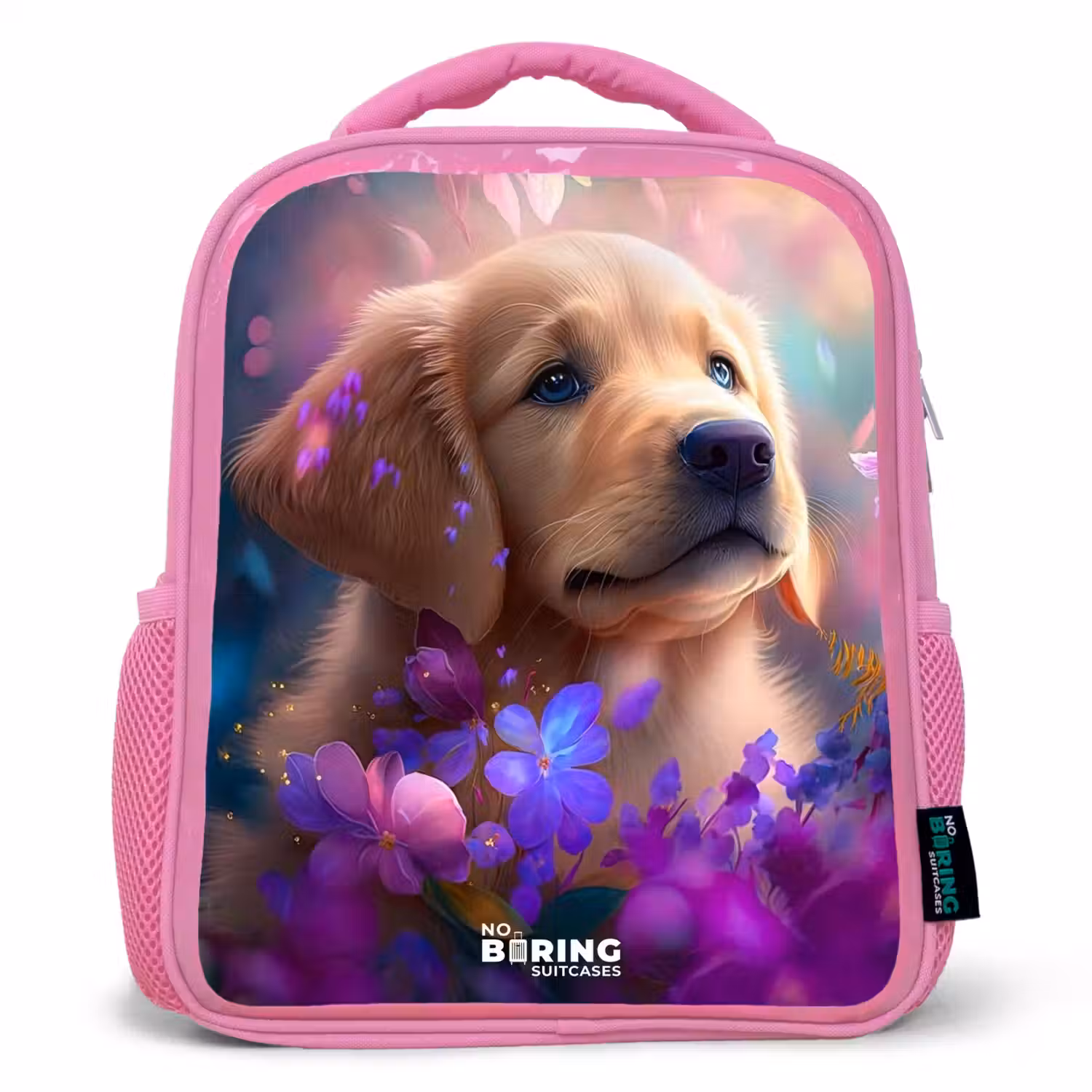 Jonge hond tussen felgekleurde bloemen Kinderrugzak - Roze middel -3d