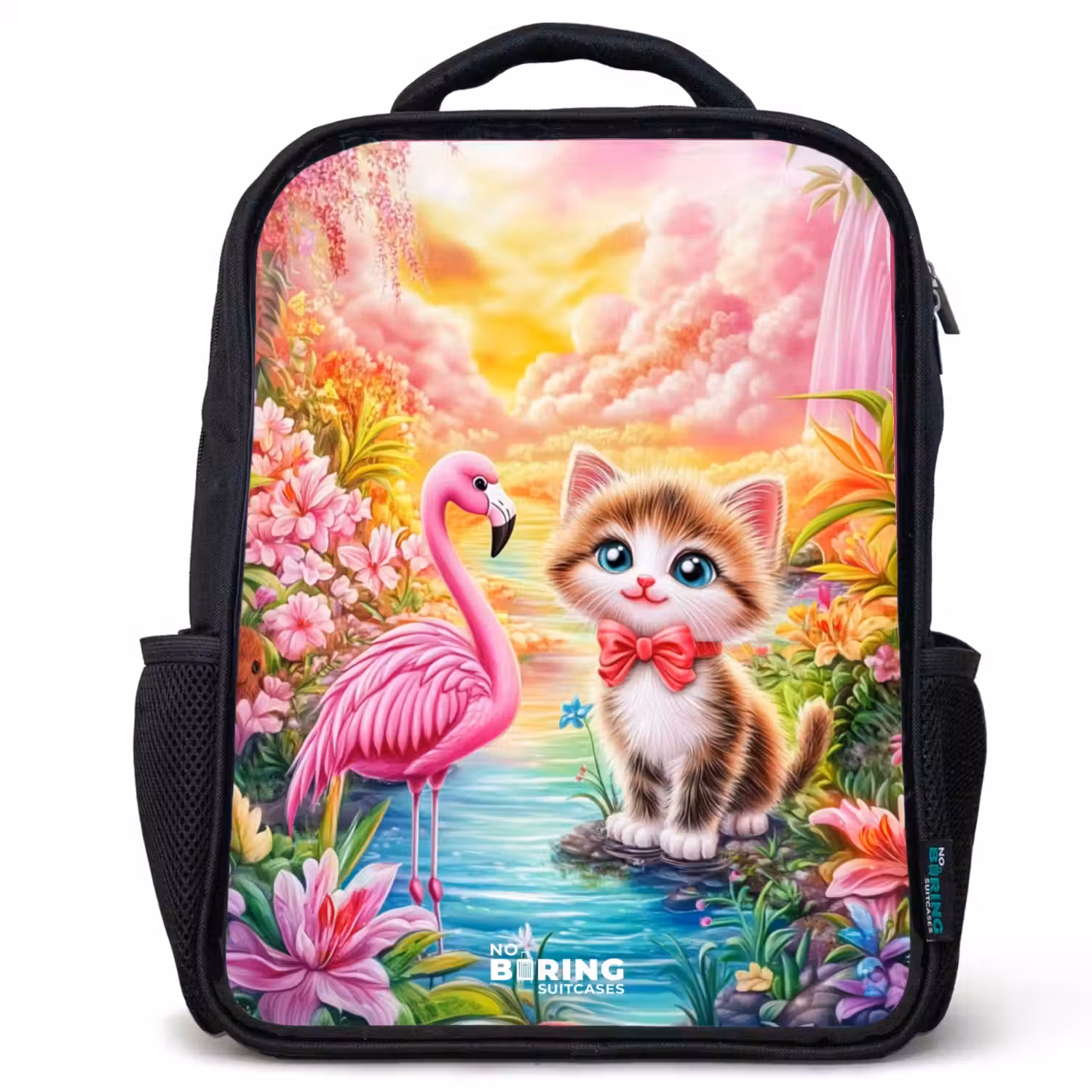 Kitten met flamingo in tropisch bloemenparadijs Rugzak - Zwart middel -3d