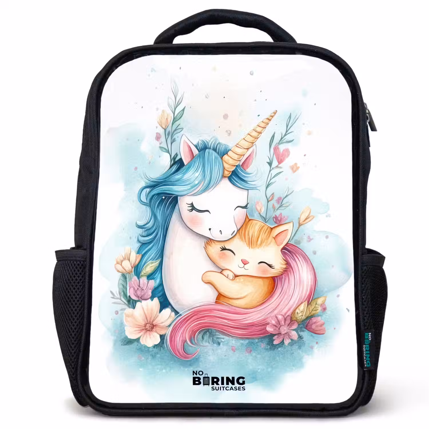 Eenhoorn met blauwe manen en oranje kitten Rugzak - Zwart middel -3d