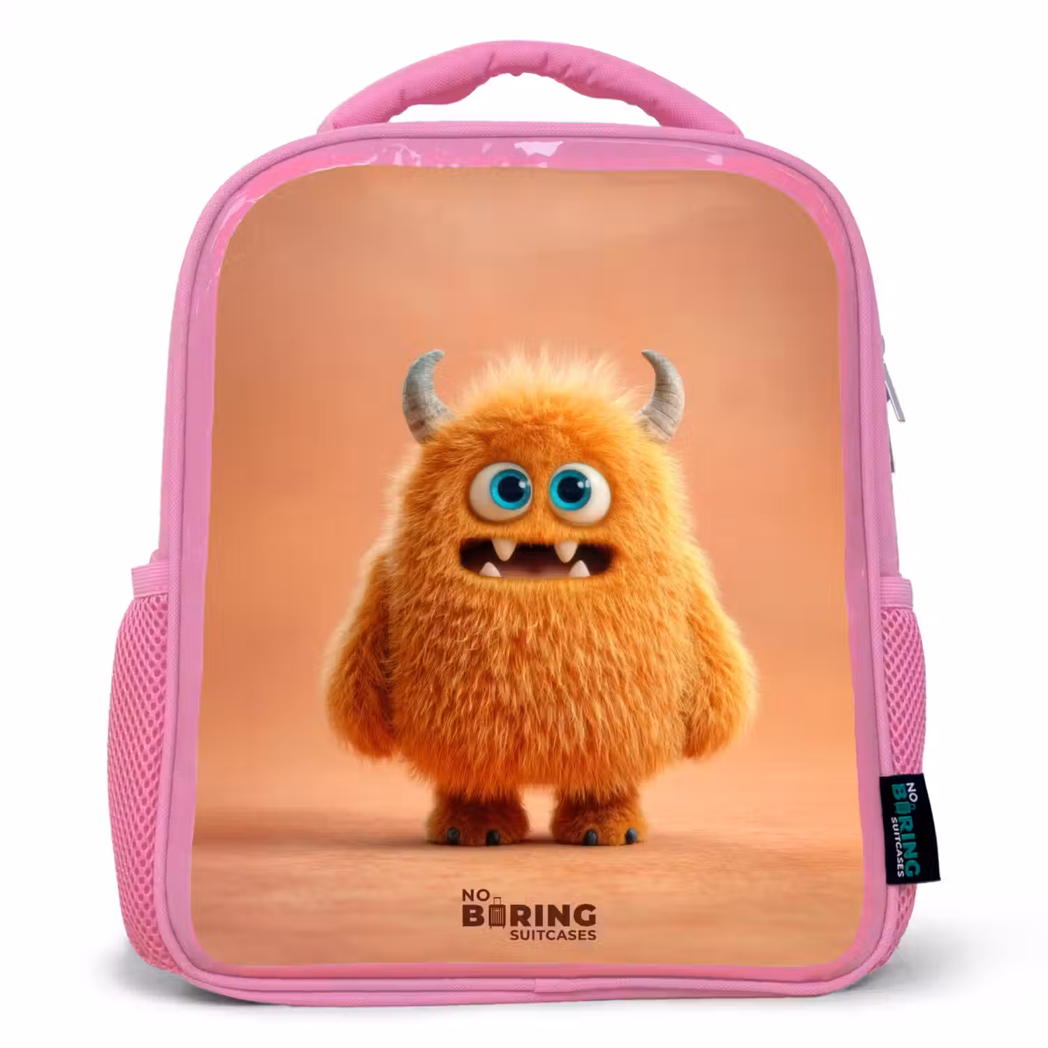 Oranje Pluizig Monster met Hoorns Kinderrugzak - Roze middel -3d
