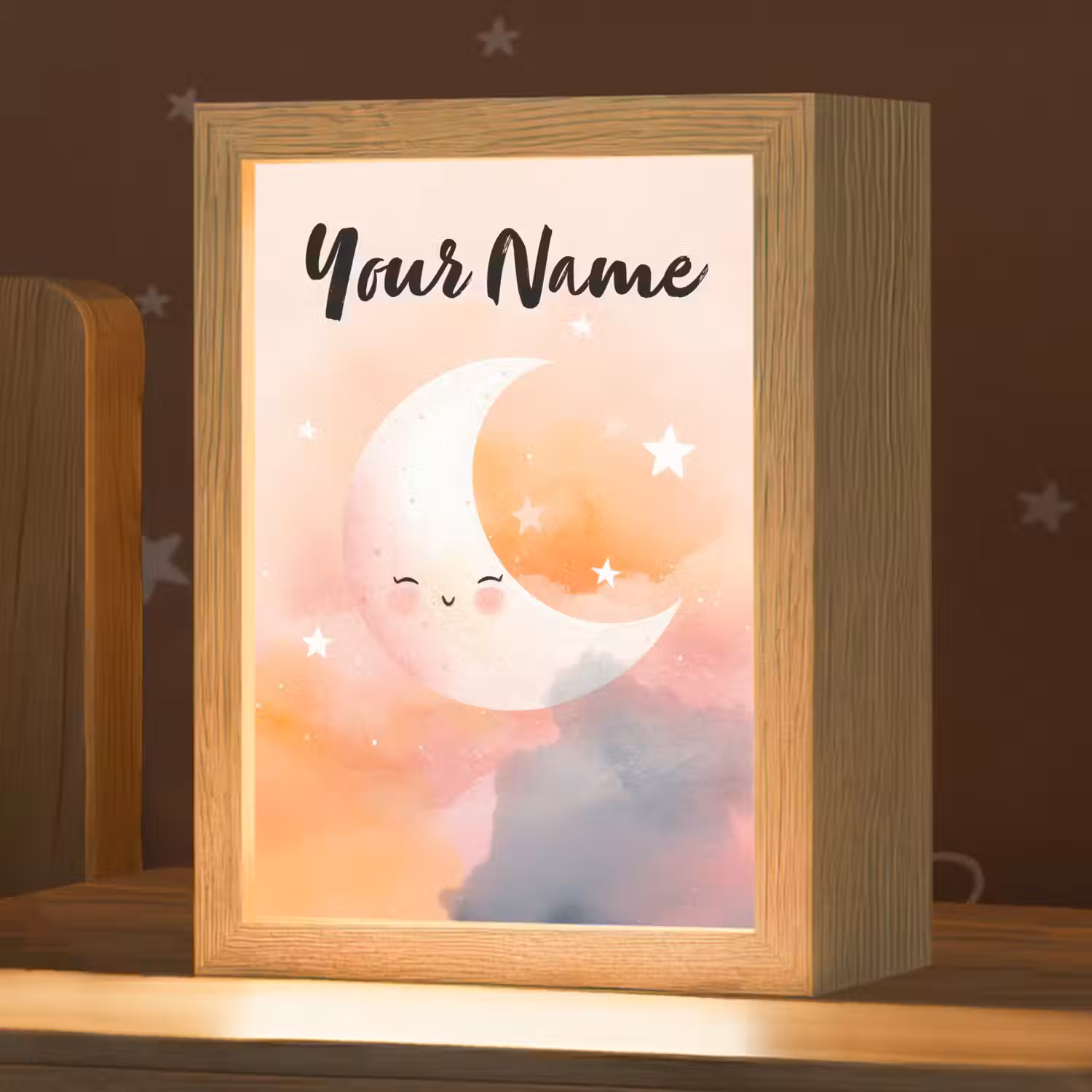 Maan - Gezichtje - Sterren - Roze Light Box met kabel (Kinderlampje) klein -zzz_3d_website