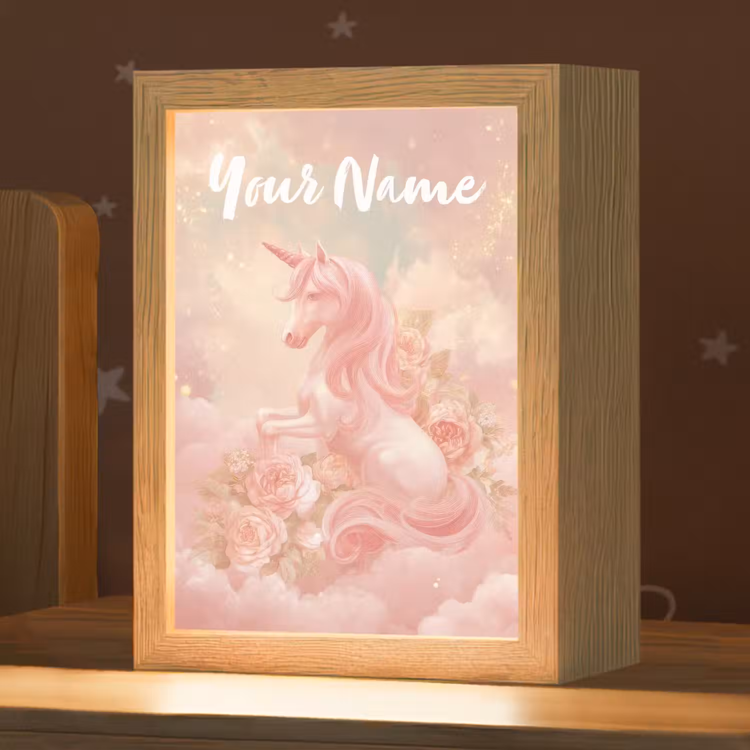 Eenhoorn - Wolken - Roze Light Box met kabel (Kinderlampje) klein -zzz_3d_website