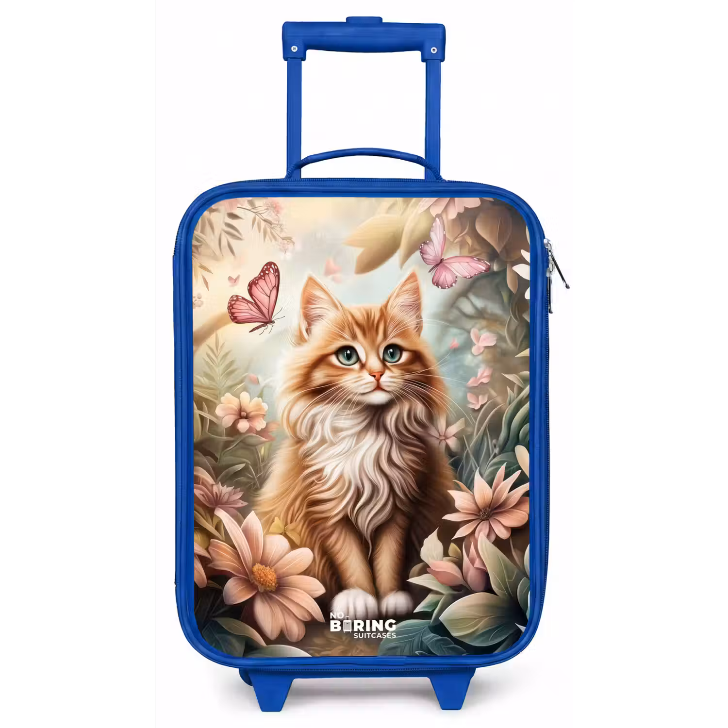 Kat in bloemenveld met roze vlinders. Kinderkoffer - Blauw klein -zz3dotto