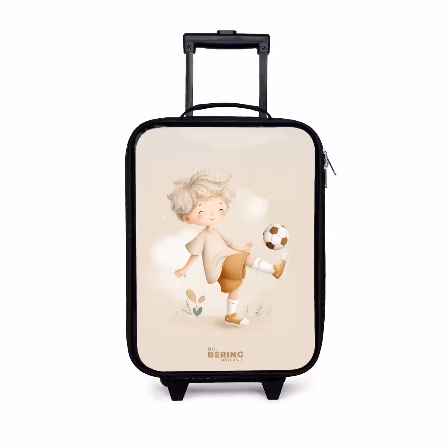Jongen met een voetbal in beige kleuren Kinderkoffer - Zwart klein -3d